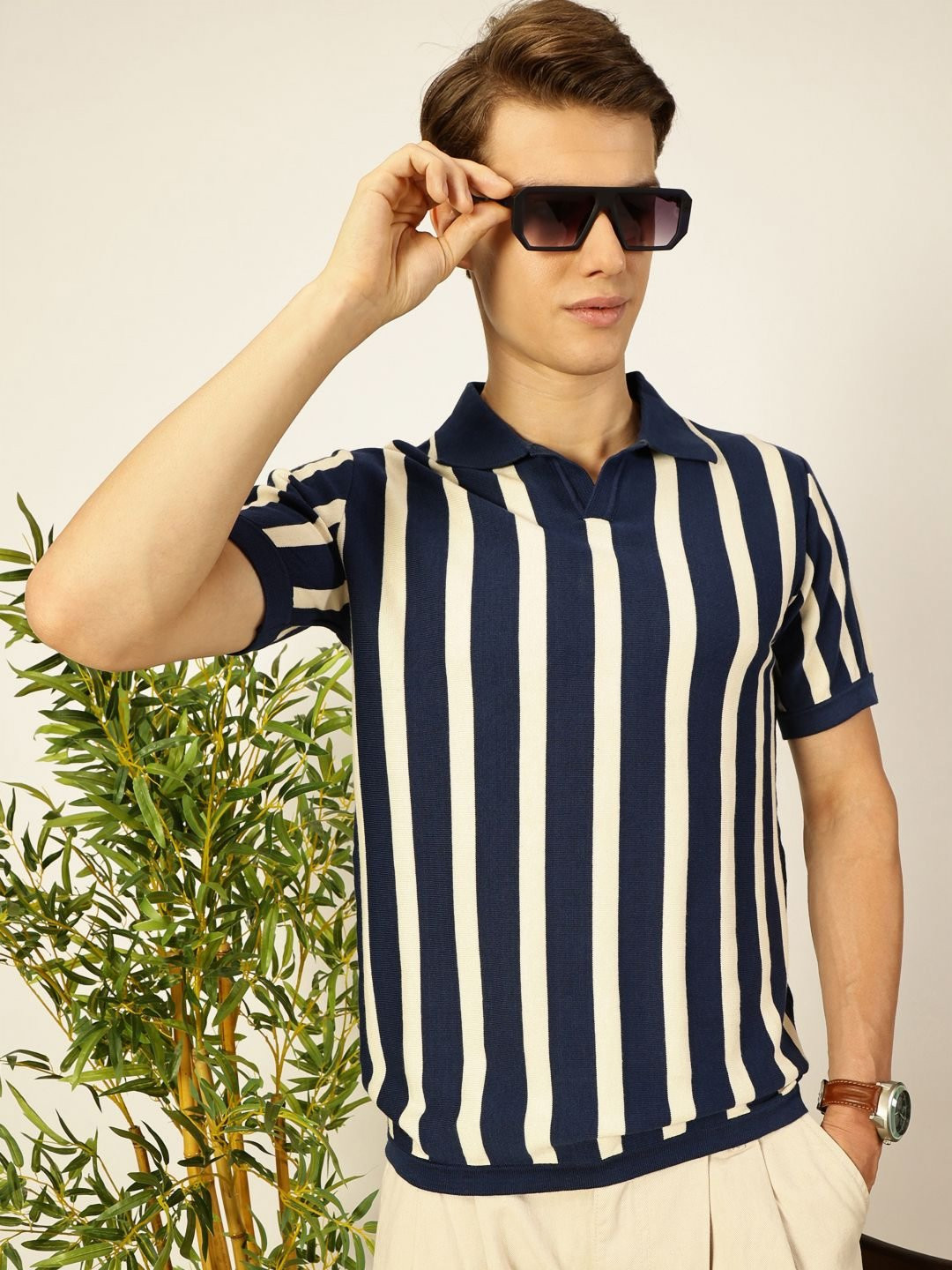 

Thomas Scott Men Bio Finish Striped Polo Collar Cotton T-shirt, Navy blue