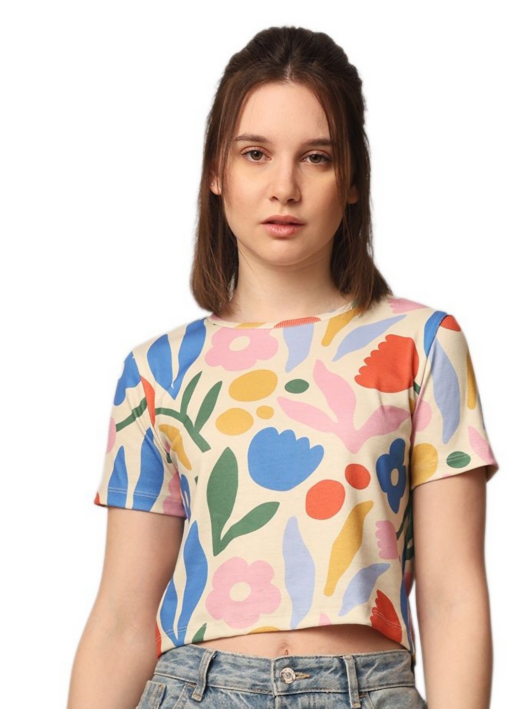 

ONLY Women Floral Printed Round Neck Cotton T-shirt, Khaki