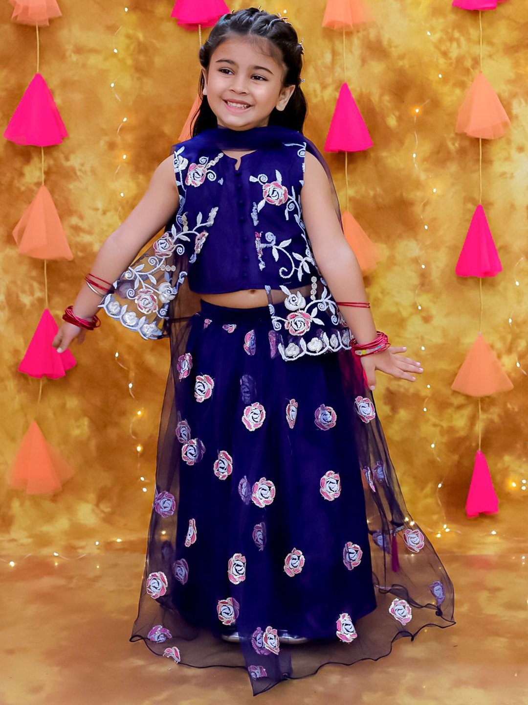 

KID1 Girls Embroidered Sequinned Ready to Wear Lehenga & Blouse With Dupatta, Navy blue