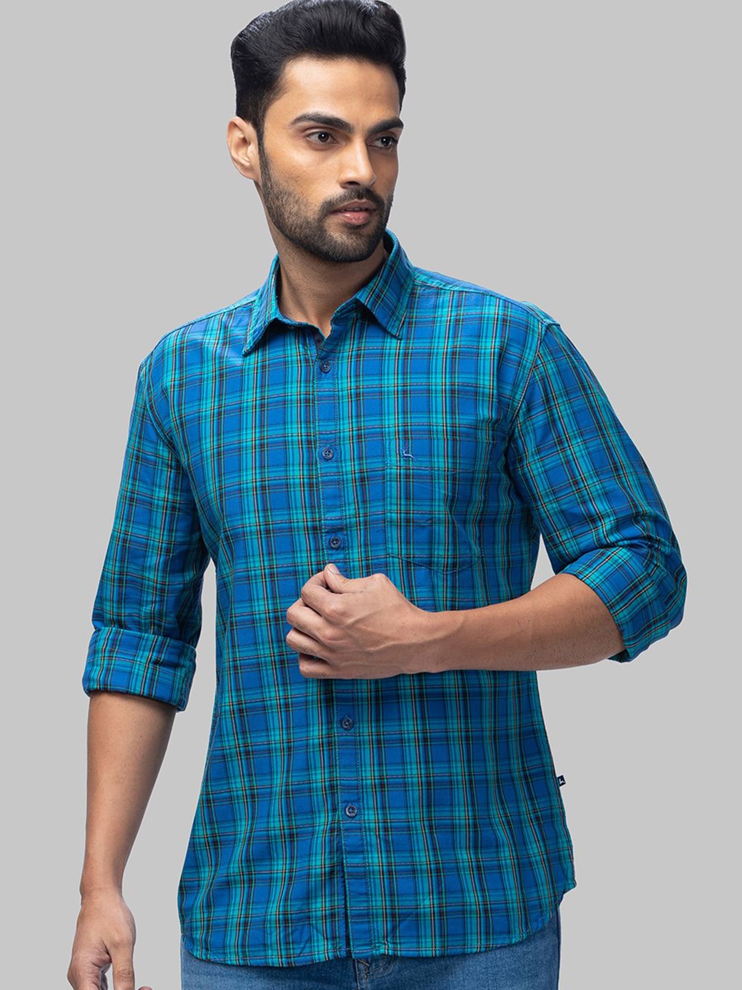 

Parx Men Slim Fit Opaque Checked Casual Shirt, Blue