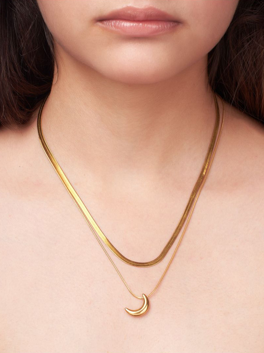

SALTY Stainless Steel Half Moon Halo Layered Necklace, Gold