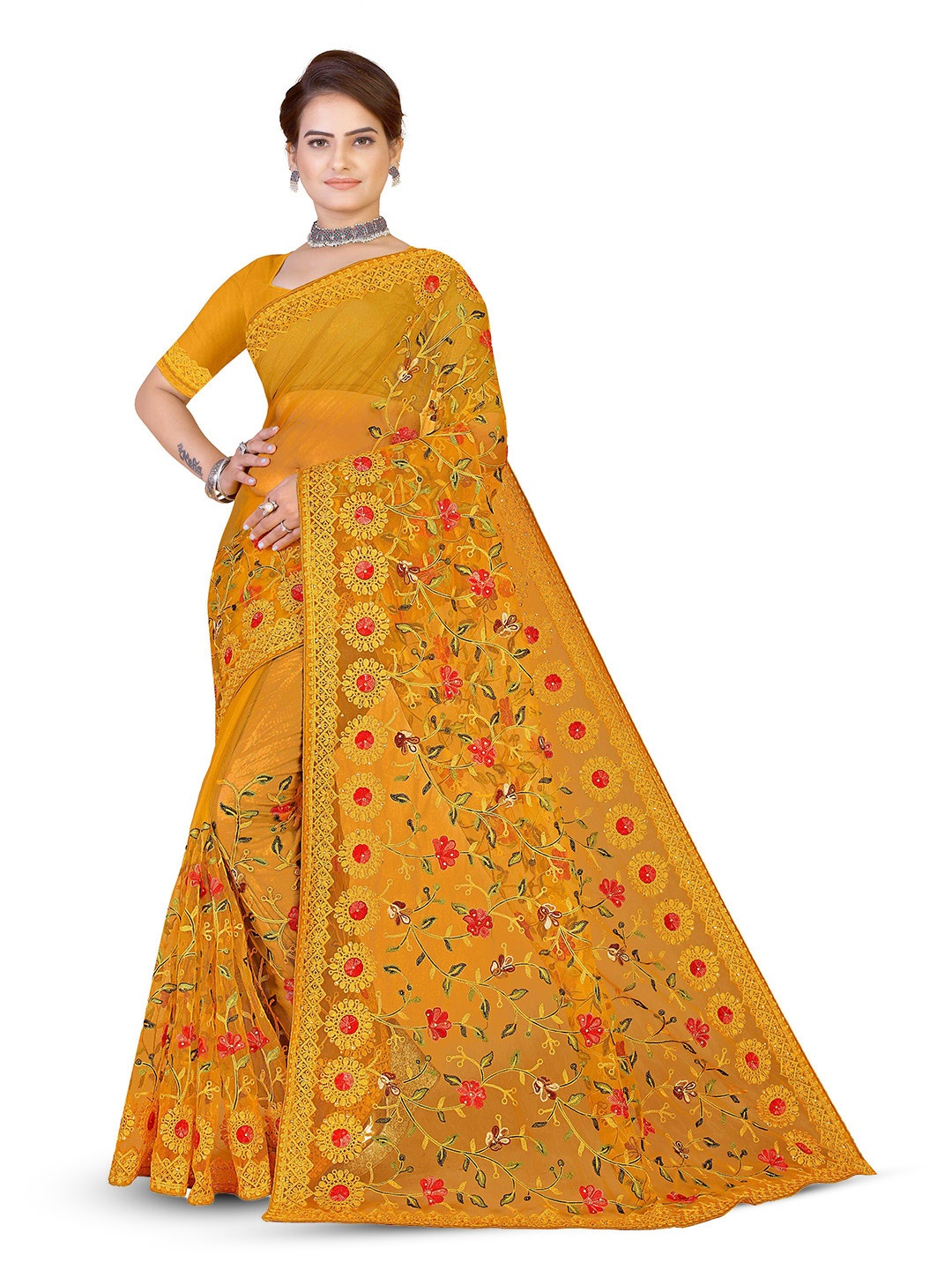 

Maroosh Ethnic Motifs Embroidered Net Saree, Mustard