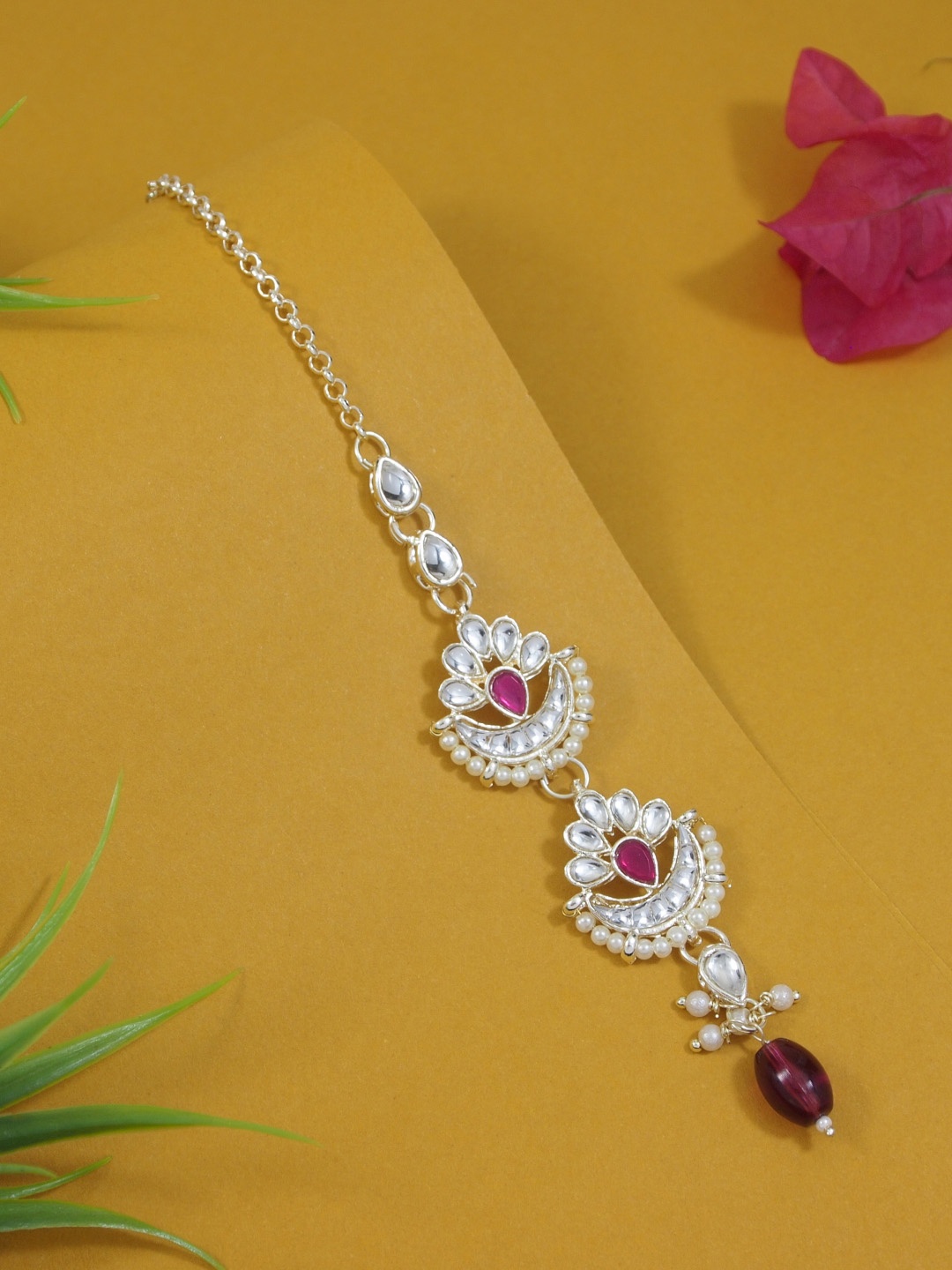 

I Jewels Gold-Plated Kundan & Pearl Maang Tikka