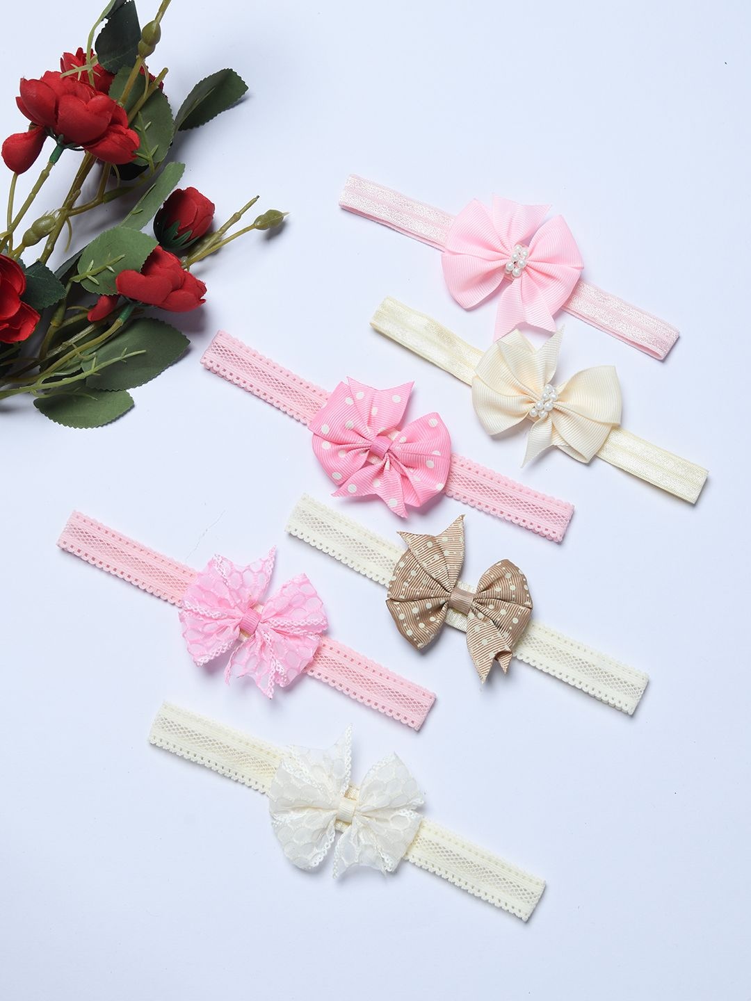 

FUNKRAFTS Girls Set of 6 Polka Ribbon Bow Embellished Hairbands, Pink