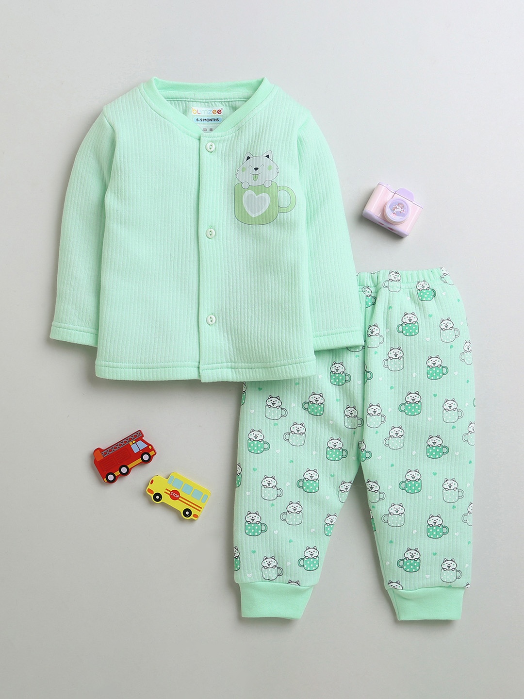 

BUMZEE Infants Girls Cotton Printed Ribbed Thermal Set, Green