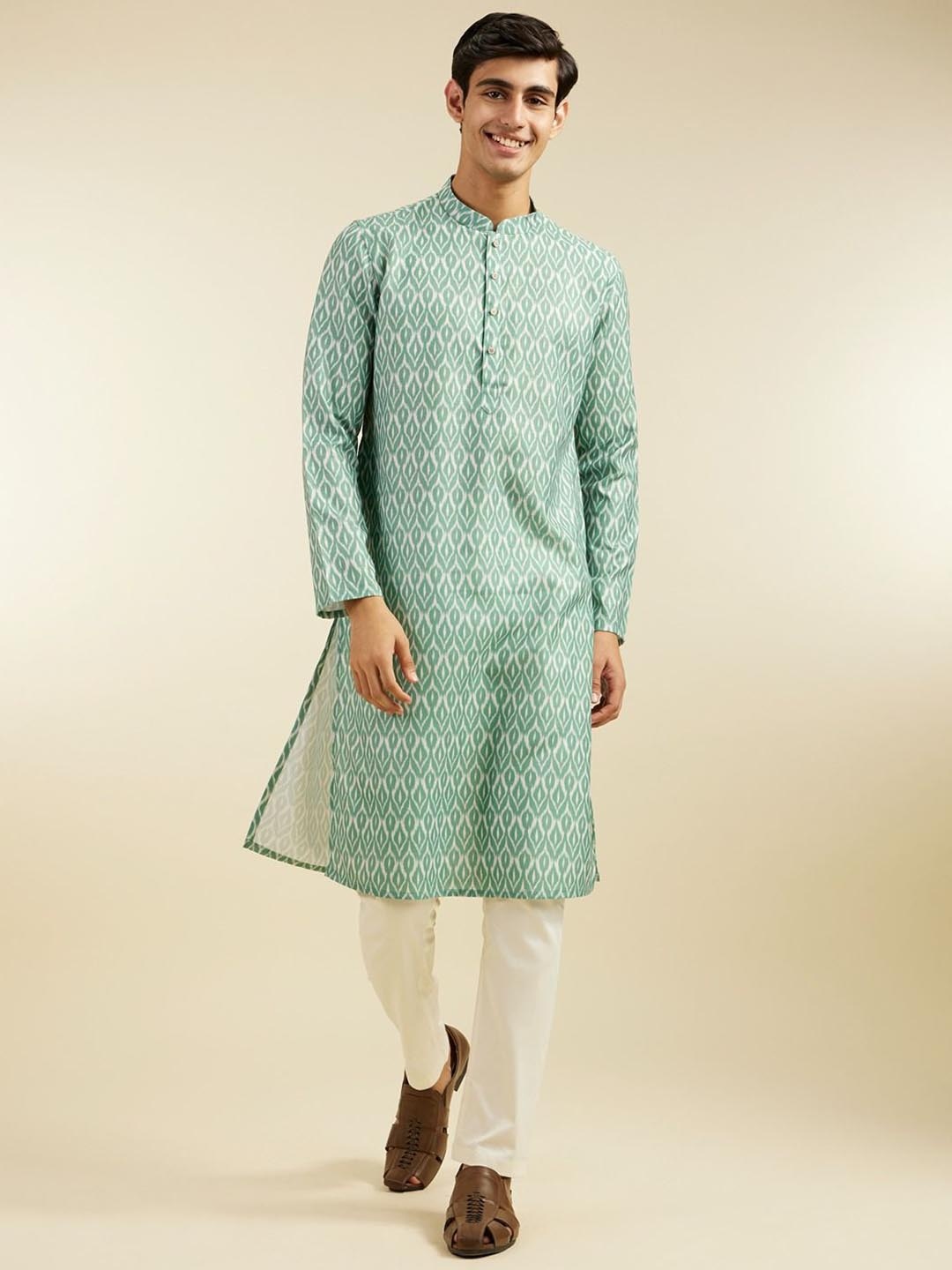 

Diwas by Manyavar Woven Design Mandarin Collar Cotton Straight Kurta, Green