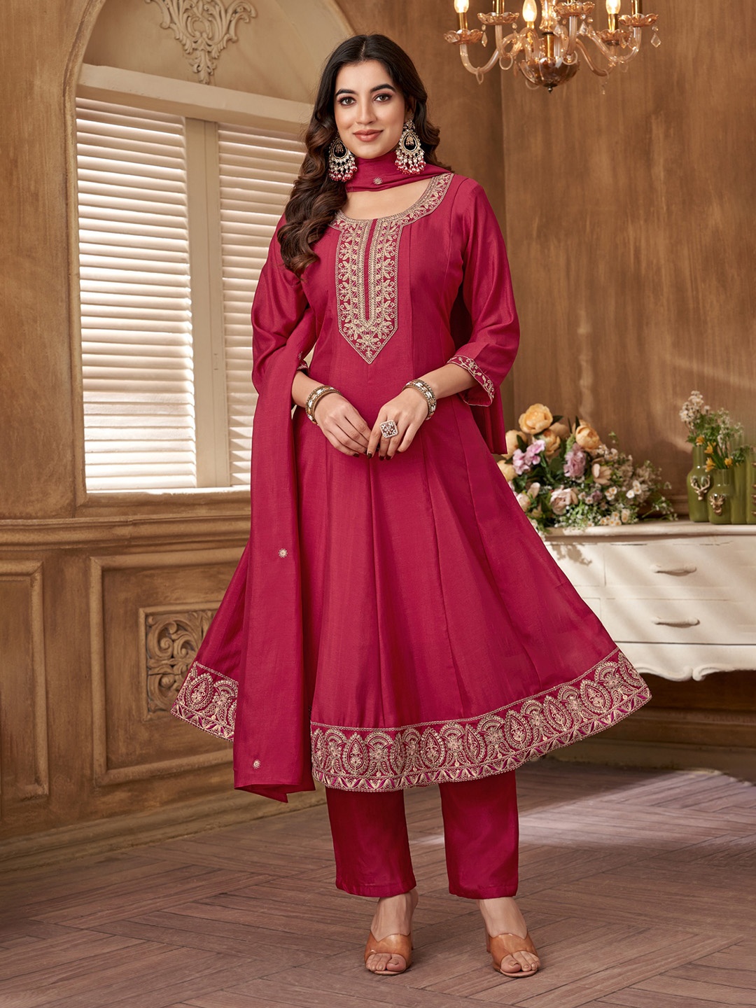 

Anaita Floral Zari Embroidered Panelled A-Line Kurta with Trouser & Dupatta, Pink