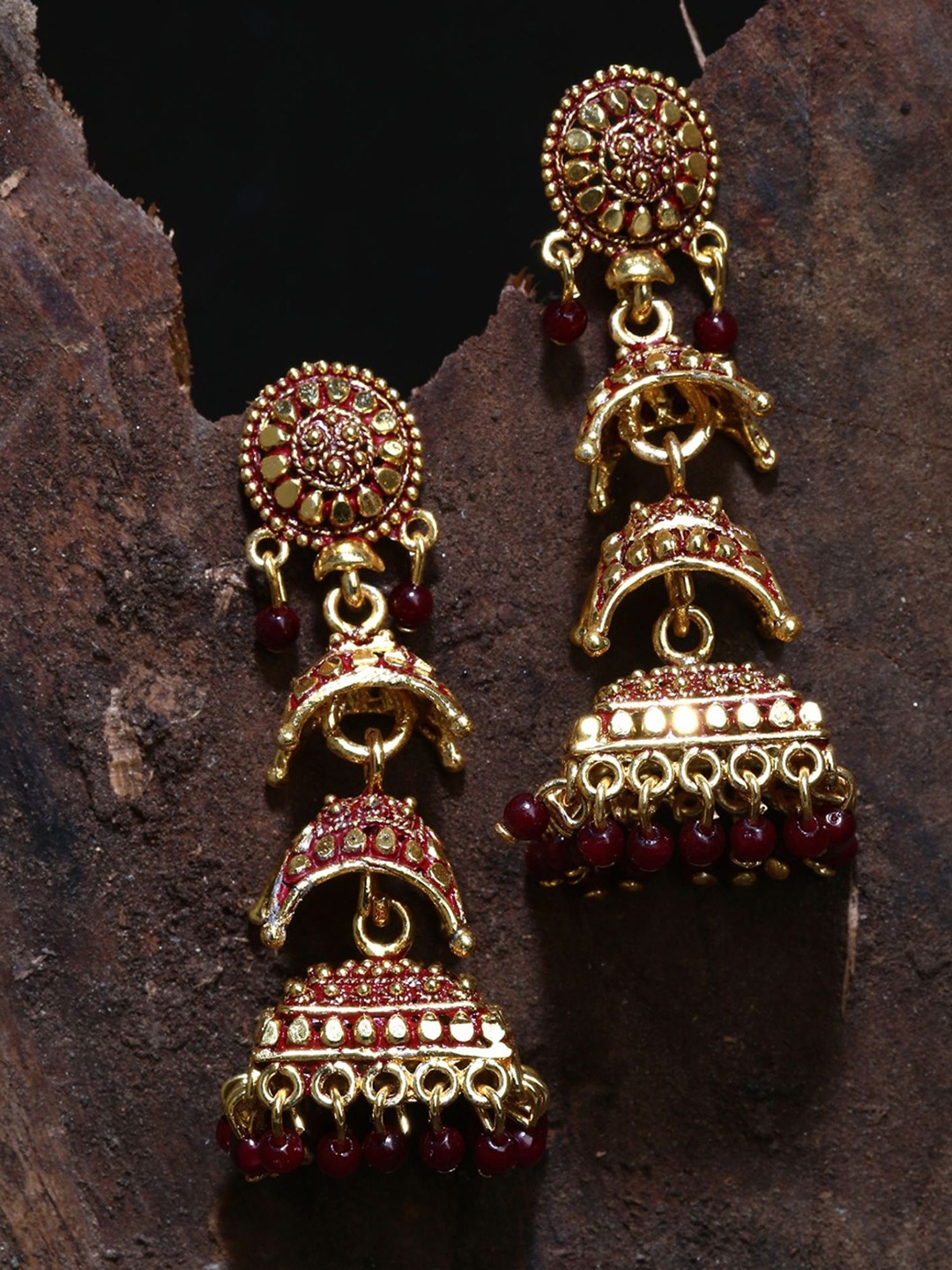 

ANIKAS CREATION Gold Plated Beaded Contemporary Drop Earrings