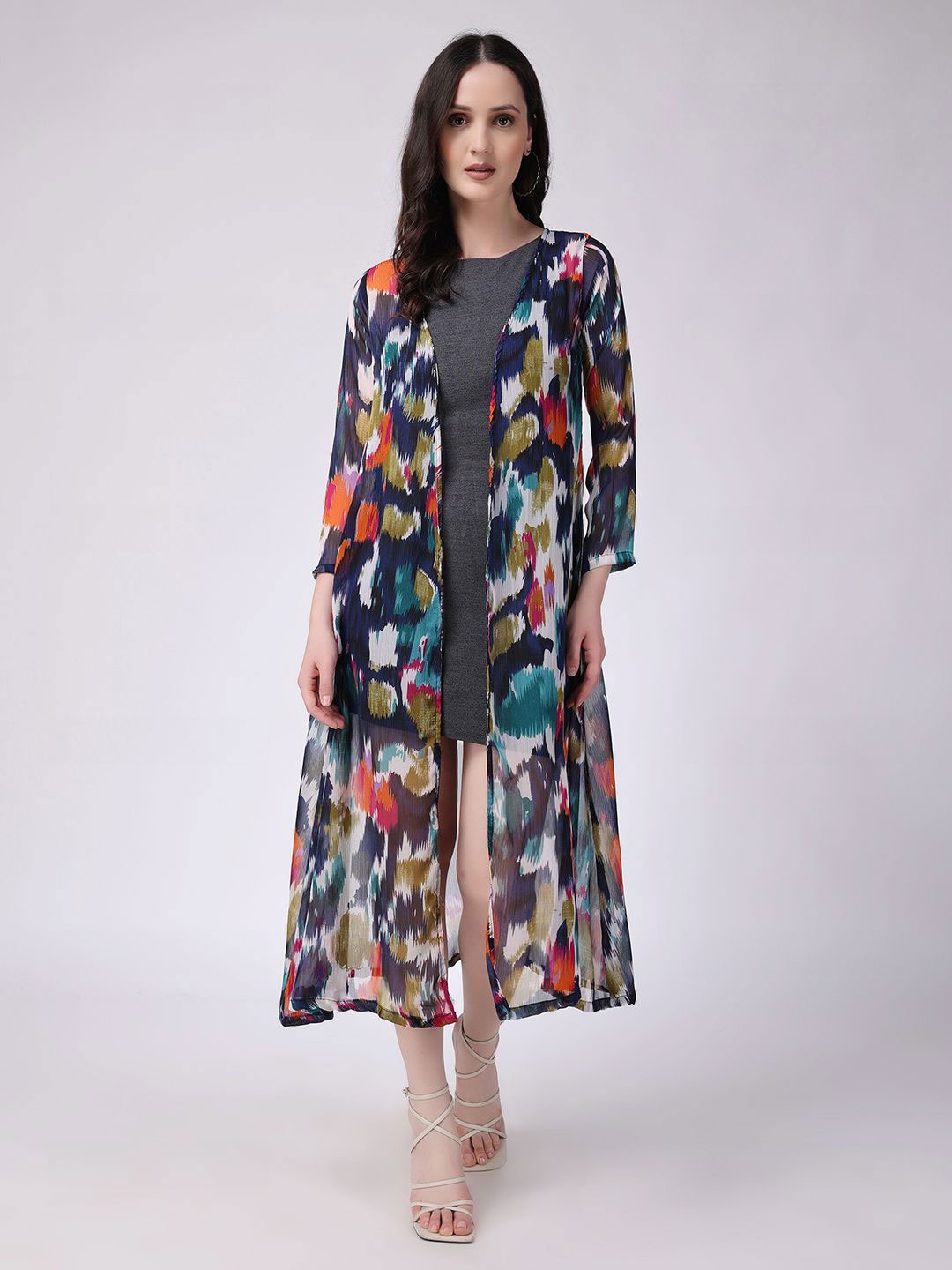 

MINOS Women Printed Longline Shrug, Blue