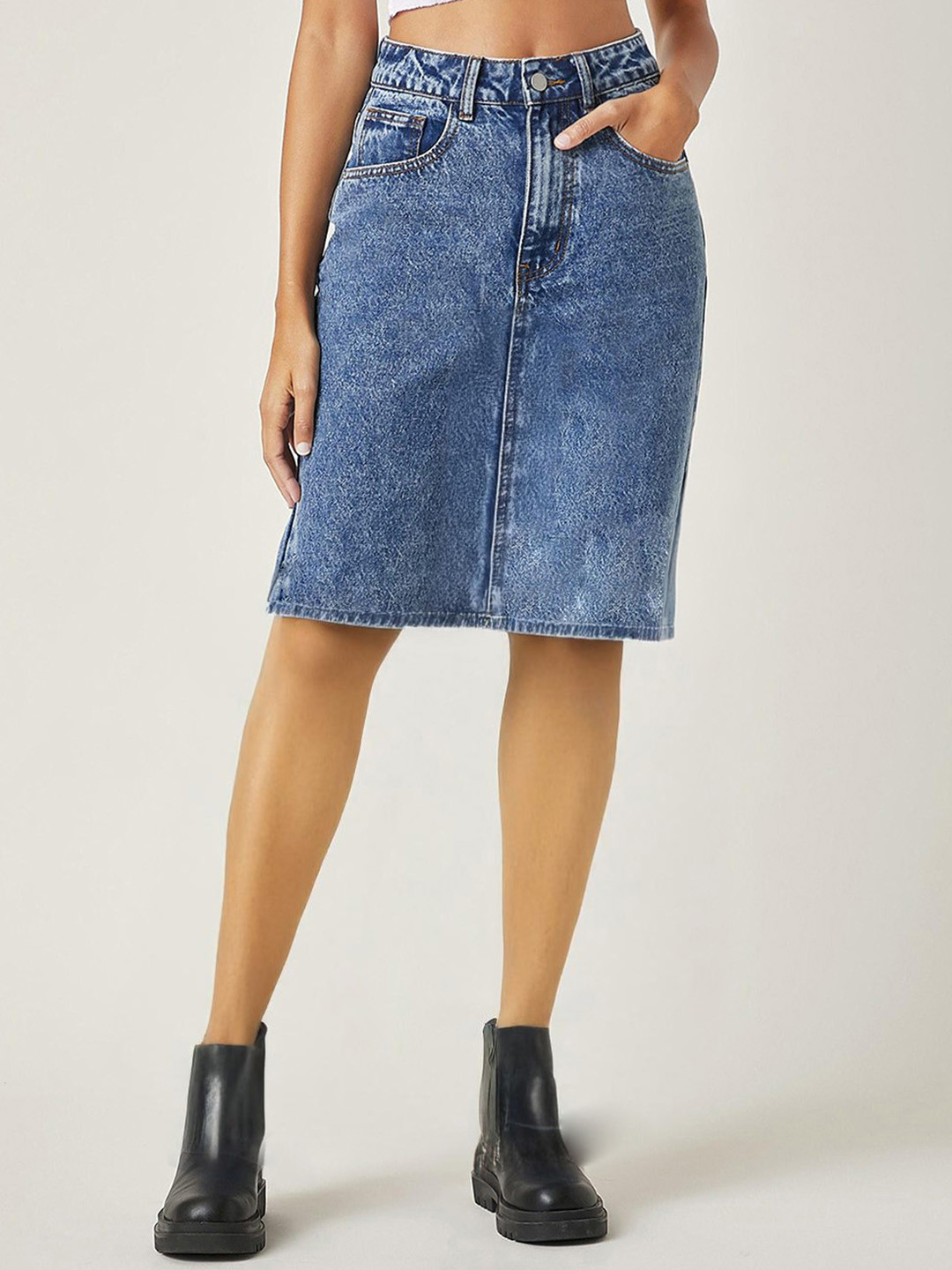 

Kotty Knee Length Straight Denim Skirt, Blue