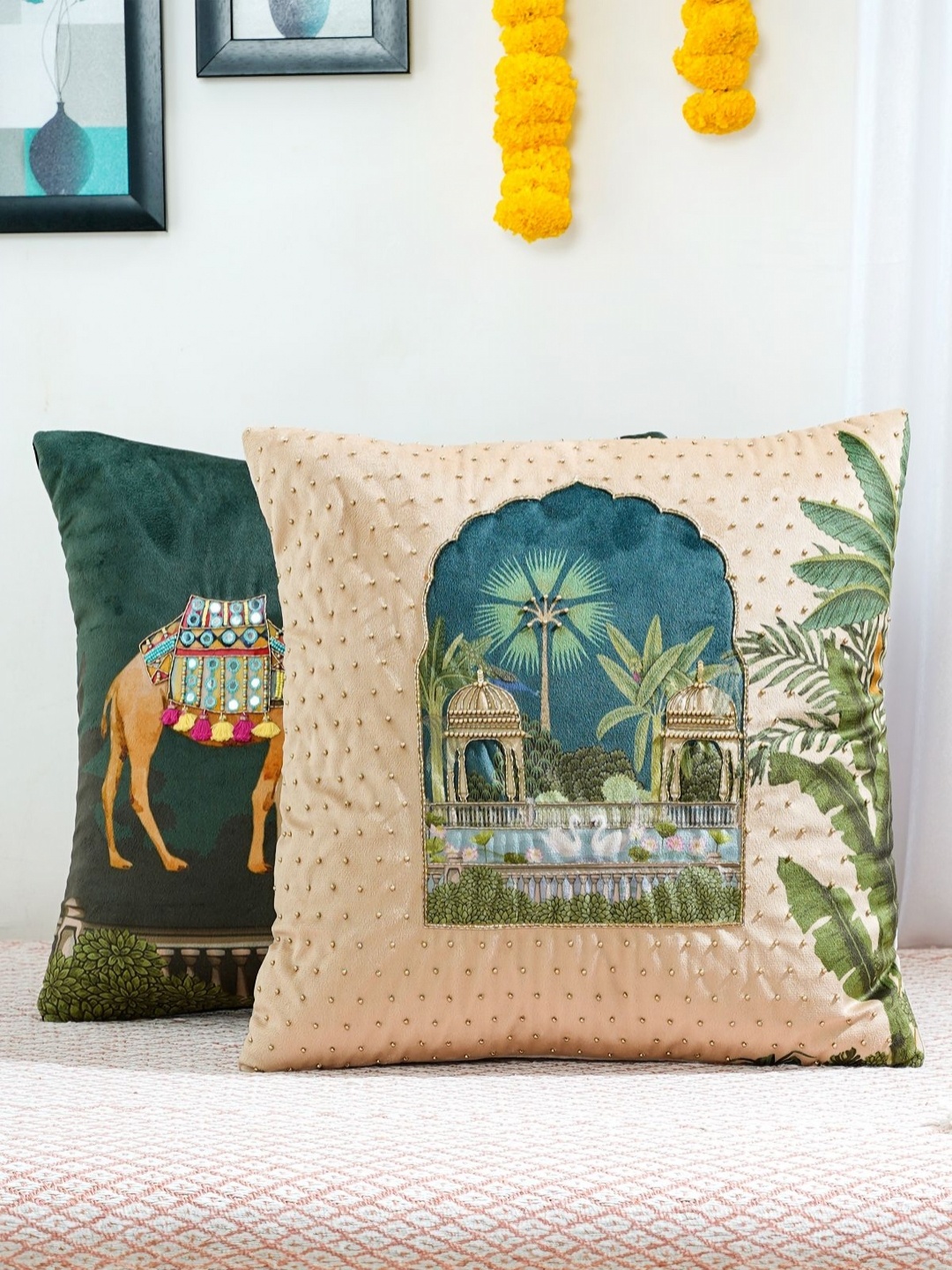

Mid July Home Teal & Beige 2 Pieces Ethnic Motifs Velvet Square Cushion Covers