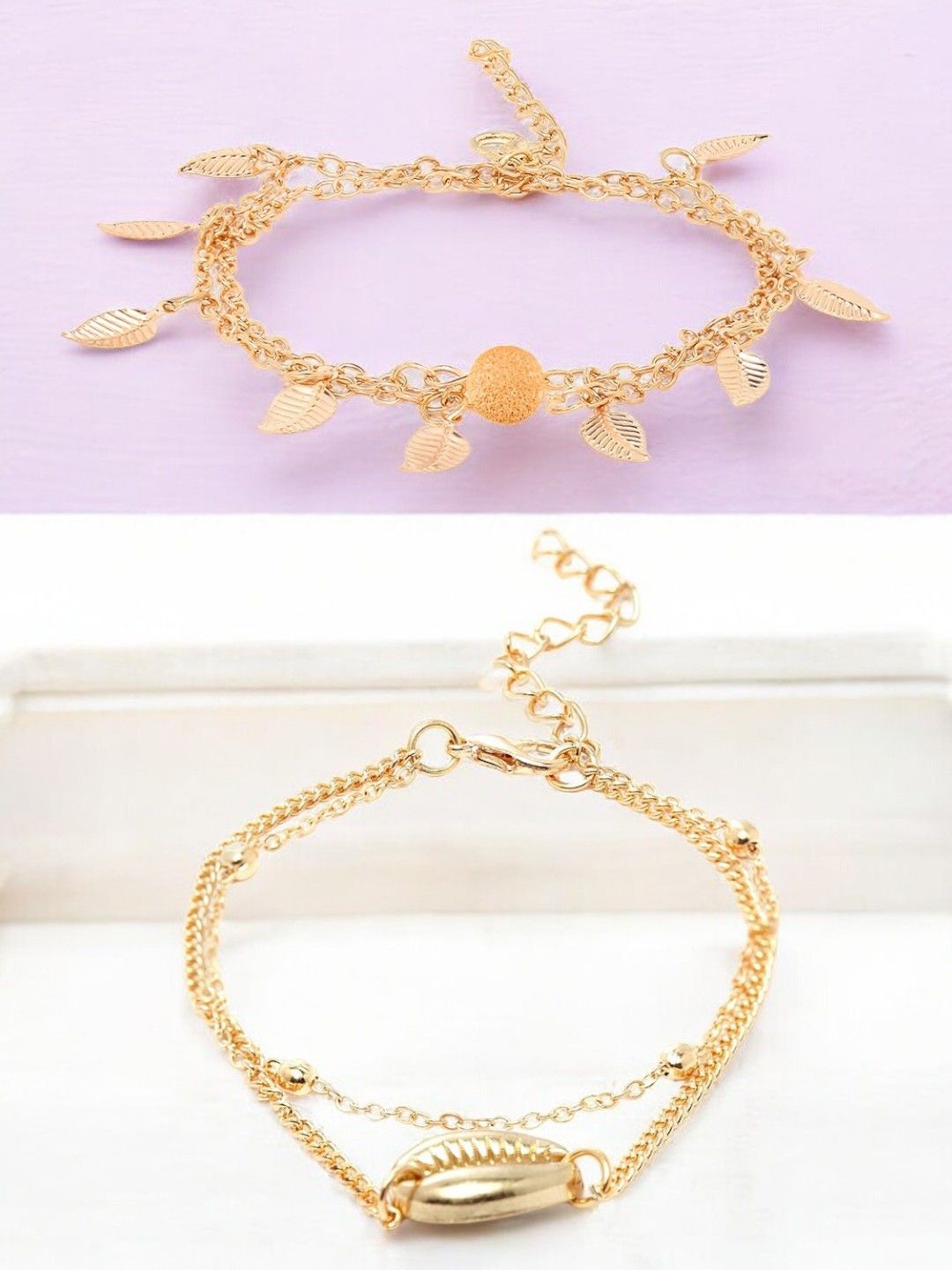 

fabula Set Of 2 Gold-Plated Beaded Layered Anklets