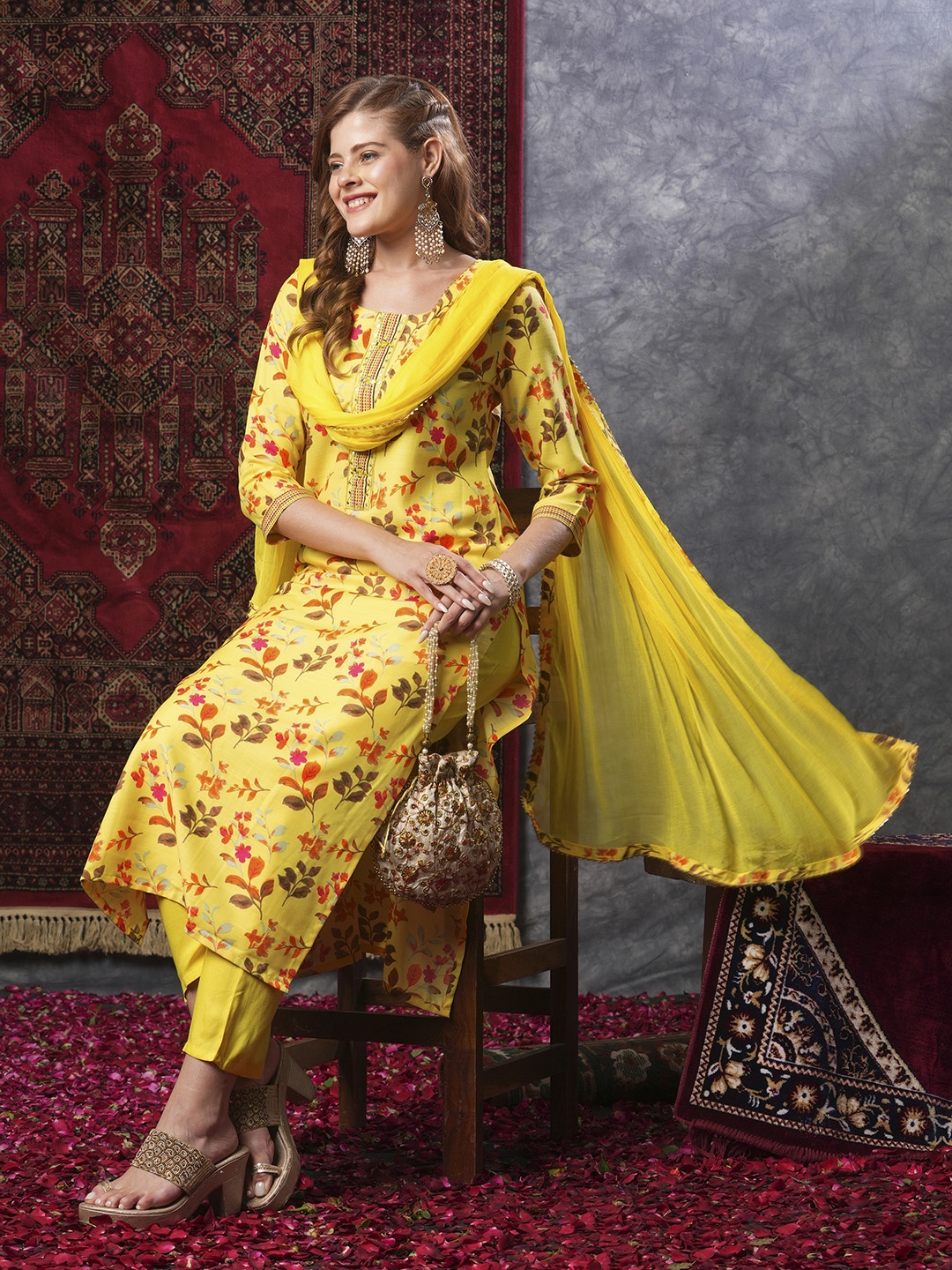 

KALINI Floral Printed Regular Thread Work Straight Kurta with Trousers & Dupatta, Yellow