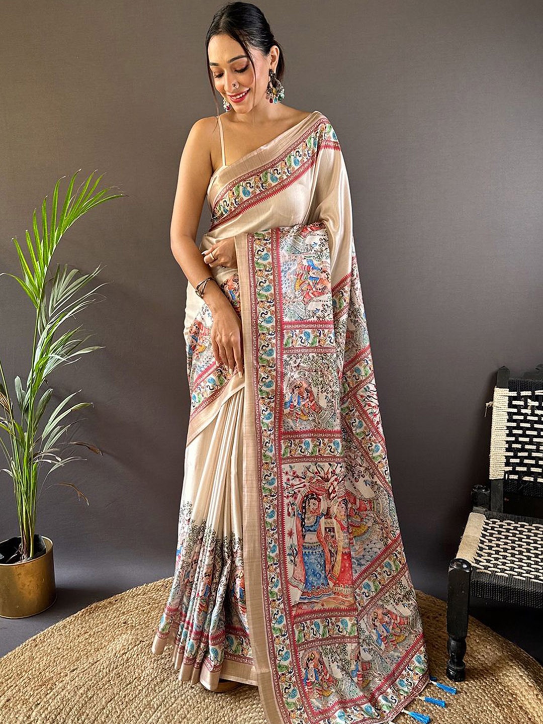 

SGF11 Pure Silk Kalamkari Woven Design Zari Kanjeevaram Saree, Cream