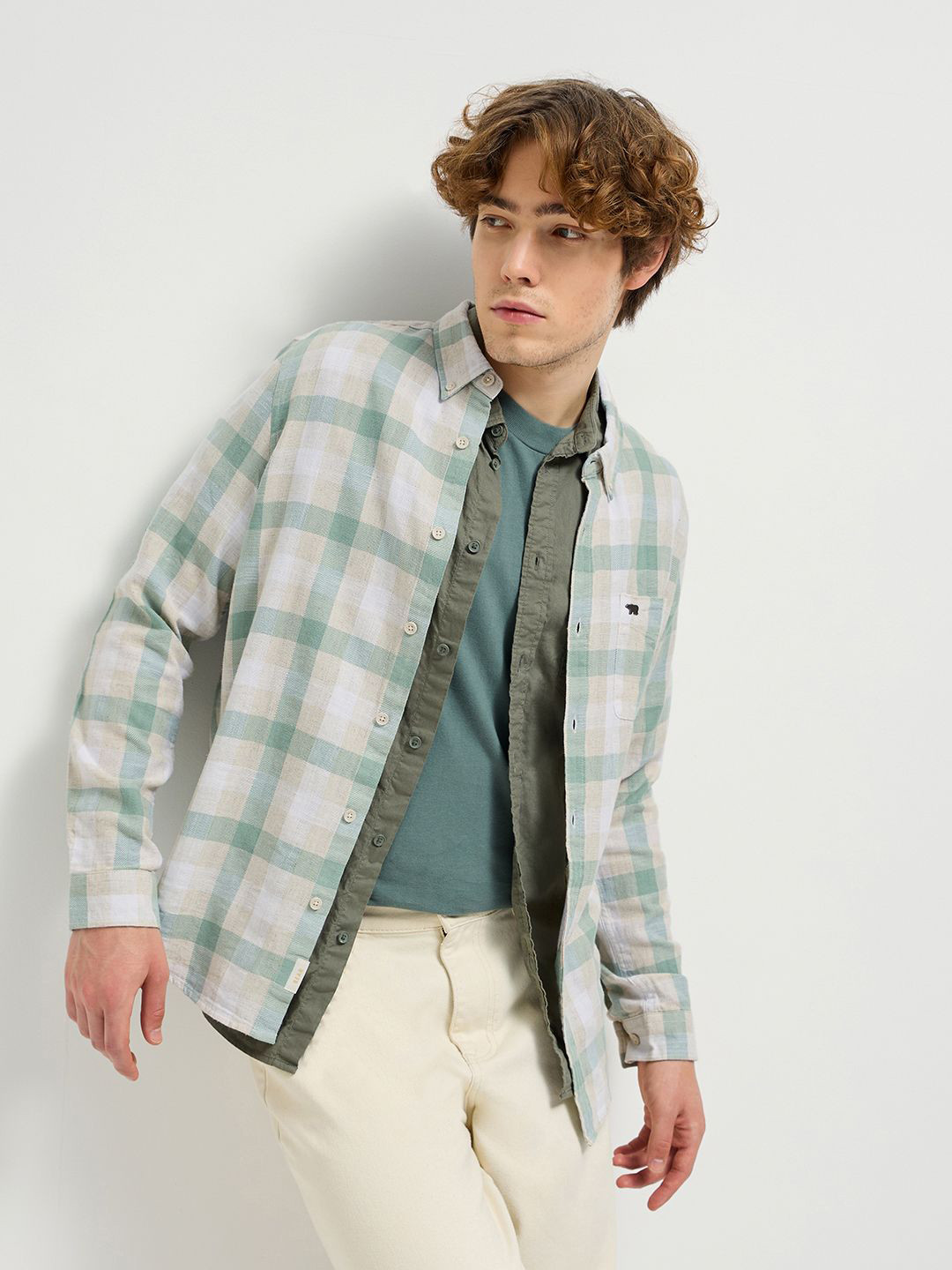 

THE BEAR HOUSE Men Button-Down Collar Tartan Checked Cotton Casual Shirt, Beige
