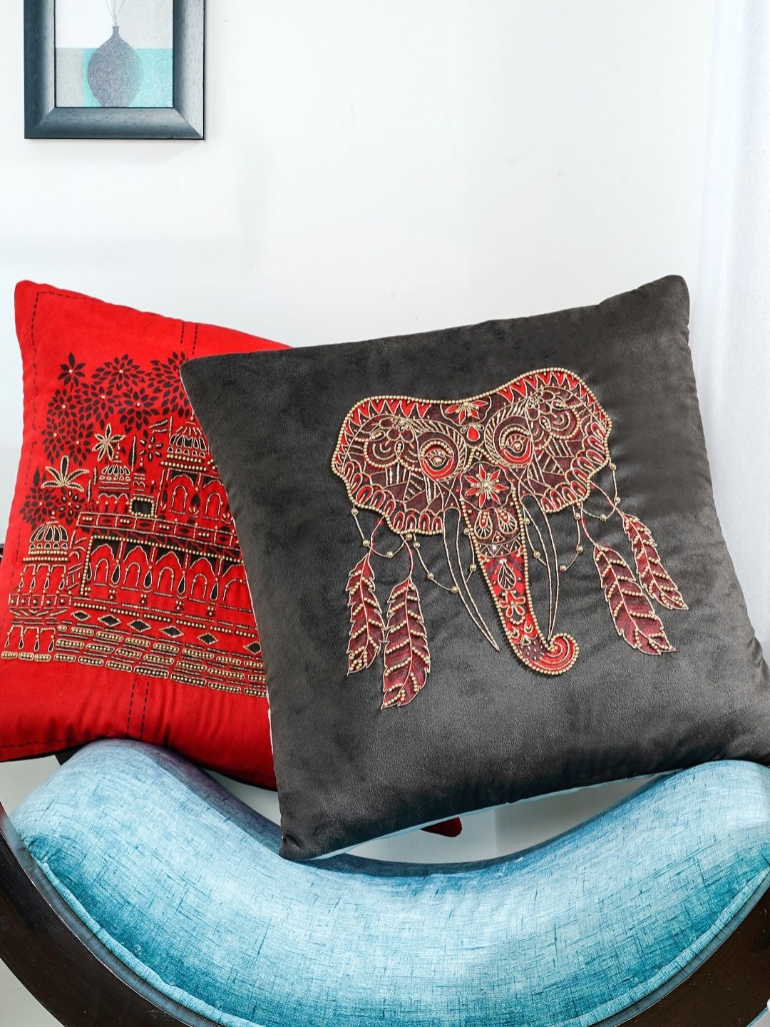 

Mid July Home Black & Red 2 Pieces Ethnic Motifs Velvet Square Cushion Covers
