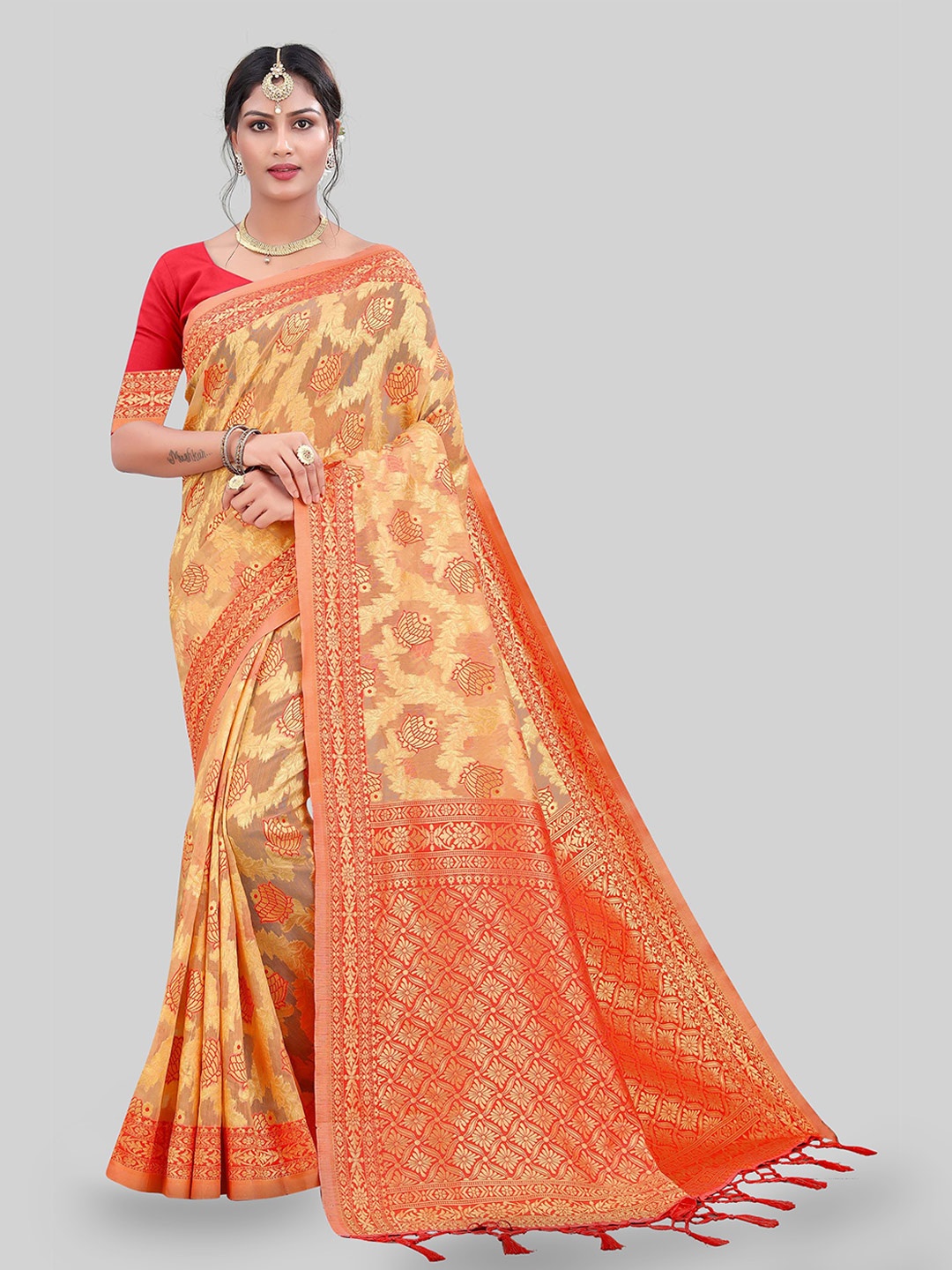 

Maroosh Woven Design Zari Saree, Yellow