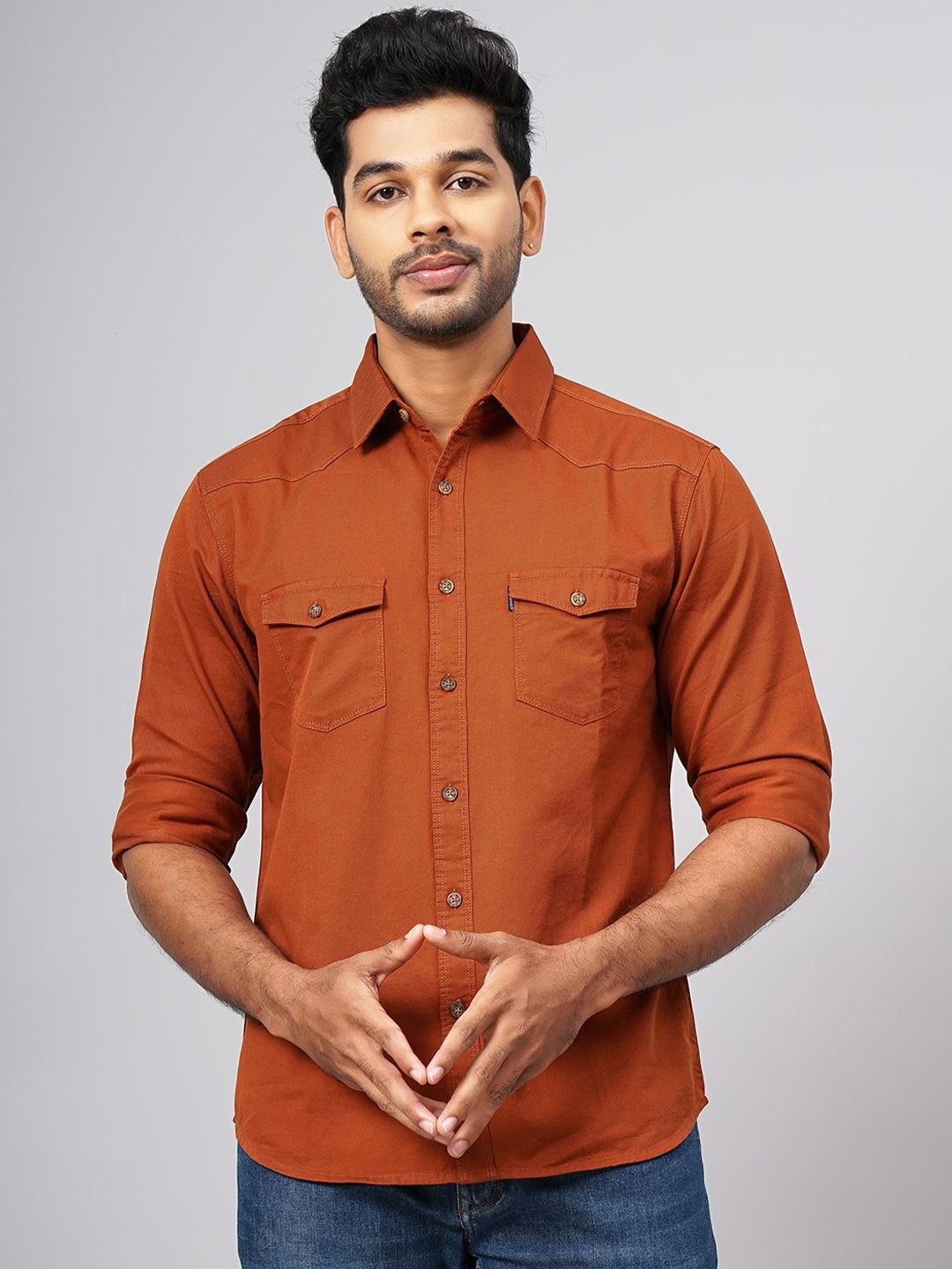 

Greenfibre Men Spread Collar Solid Cotton Casual Shirt, Rust