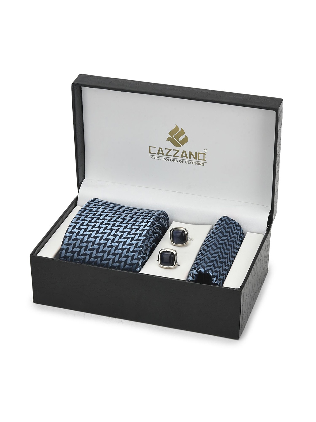 

Cazzano Men Accessory Gift Set Of Slim Tie, Cufflink & Pocket Square, Blue