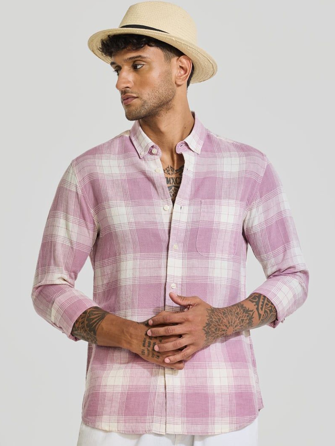 

Snitch Men Smart Button-Down Collar Tartan Checked Linen Casual Shirt, Pink