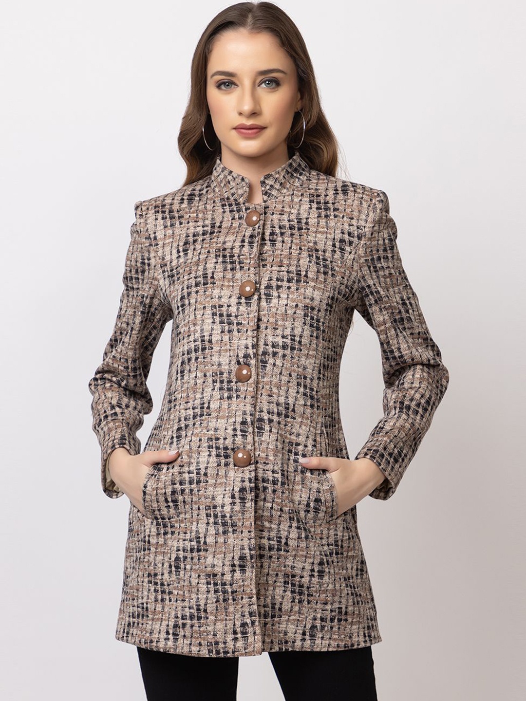 

TWENTY ME Checked Single-Breasted Overcoat, Camel brown