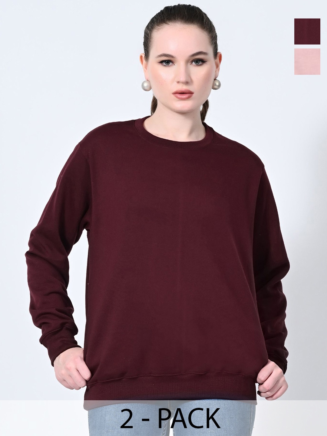 

BAESD Women Pack Of 2 Solid Round Neck Fleece Pullover Sweatshirts, Brown