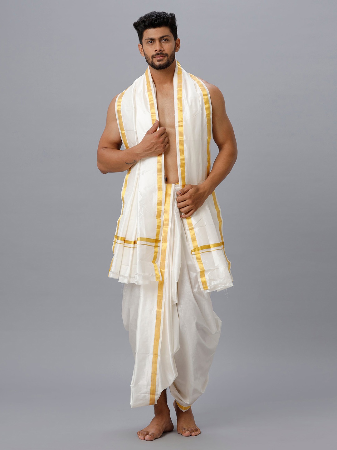 

Ramraj Men Art Silk Panchakacham Dhoti with Angavastram, Off white