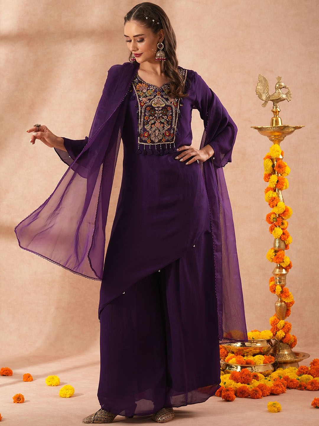 

Envy Me by FASHOR Floral Embroidered Round Neck Kurta With Palazzo With Dupatta, Purple