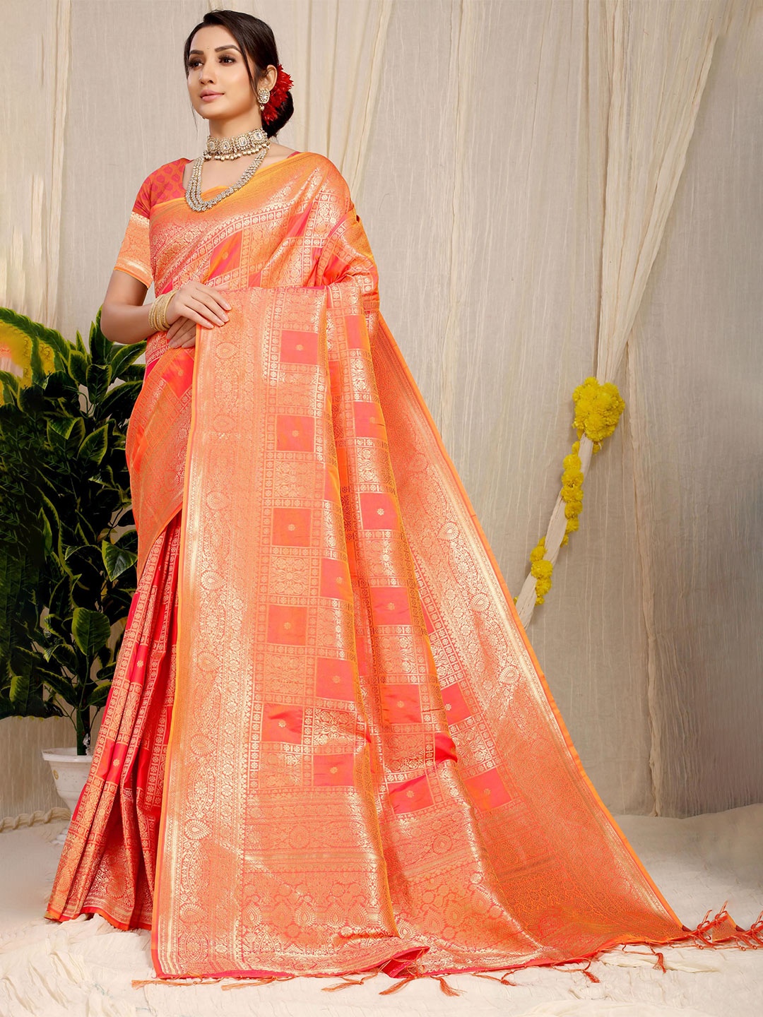 

Royal Rajgharana Saree Ethnic Motifs Zari Pure Silk Banarasi Sarees, Orange