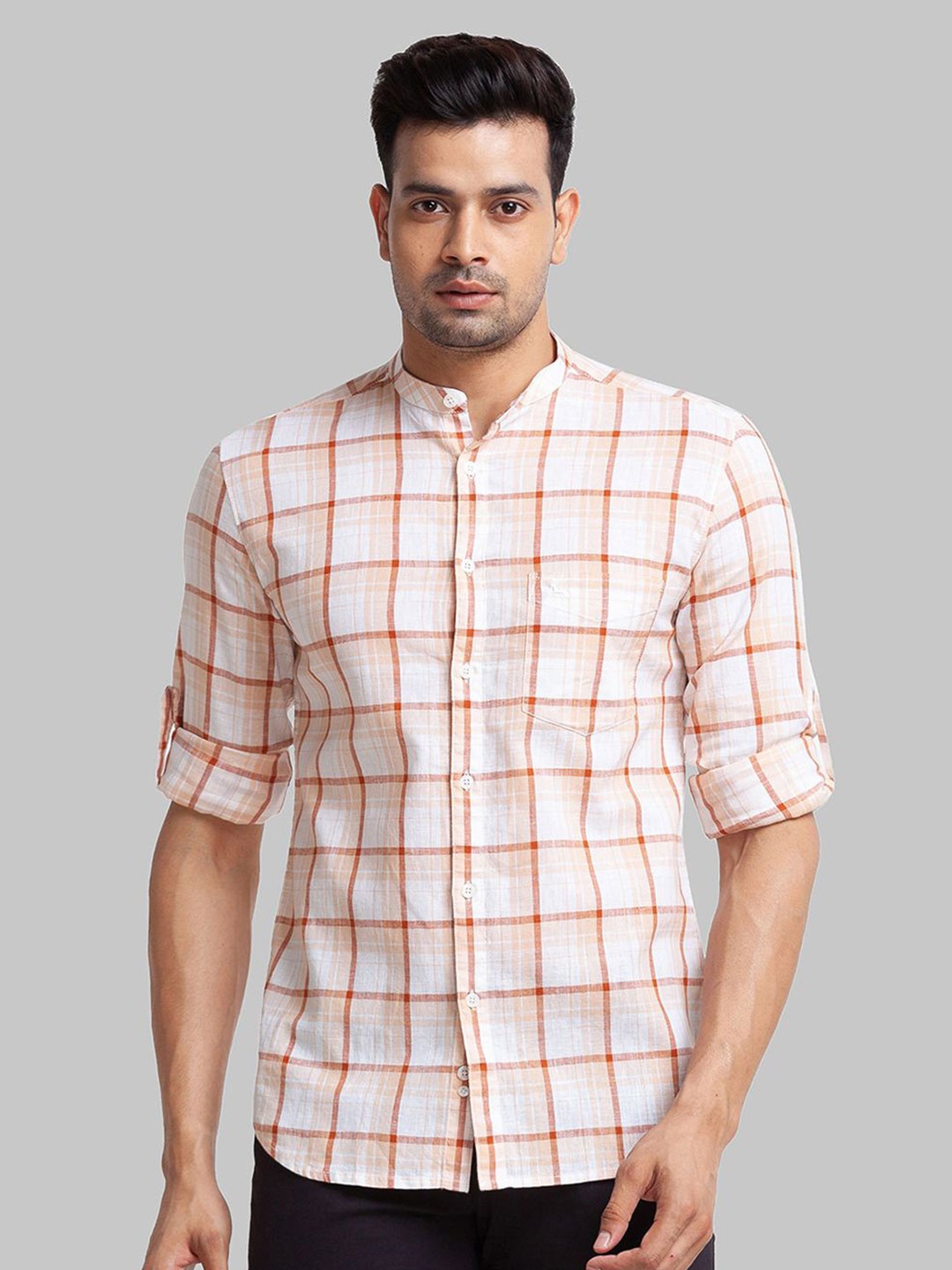 

Parx Men Mandarin Collar Windowpane Checked Cotton Linen Slim Fit Casual Shirt, Brown