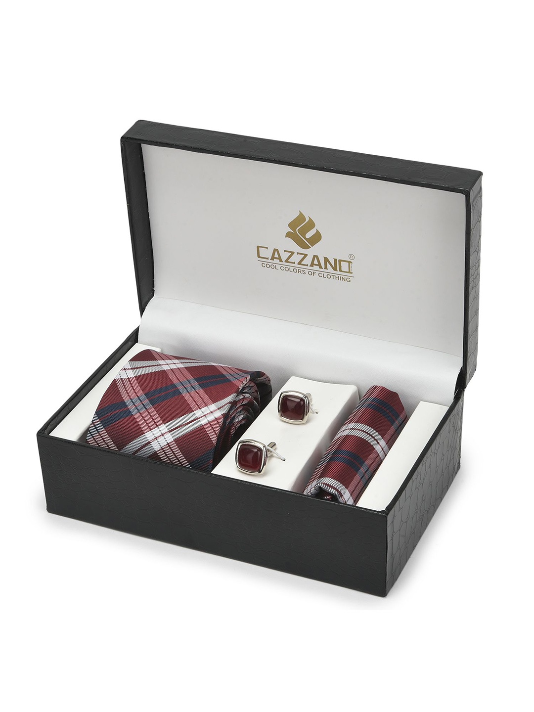 

Cazzano Men Accessory Gift Set Of Slim Tie, Cufflink & Pocket Square, Maroon