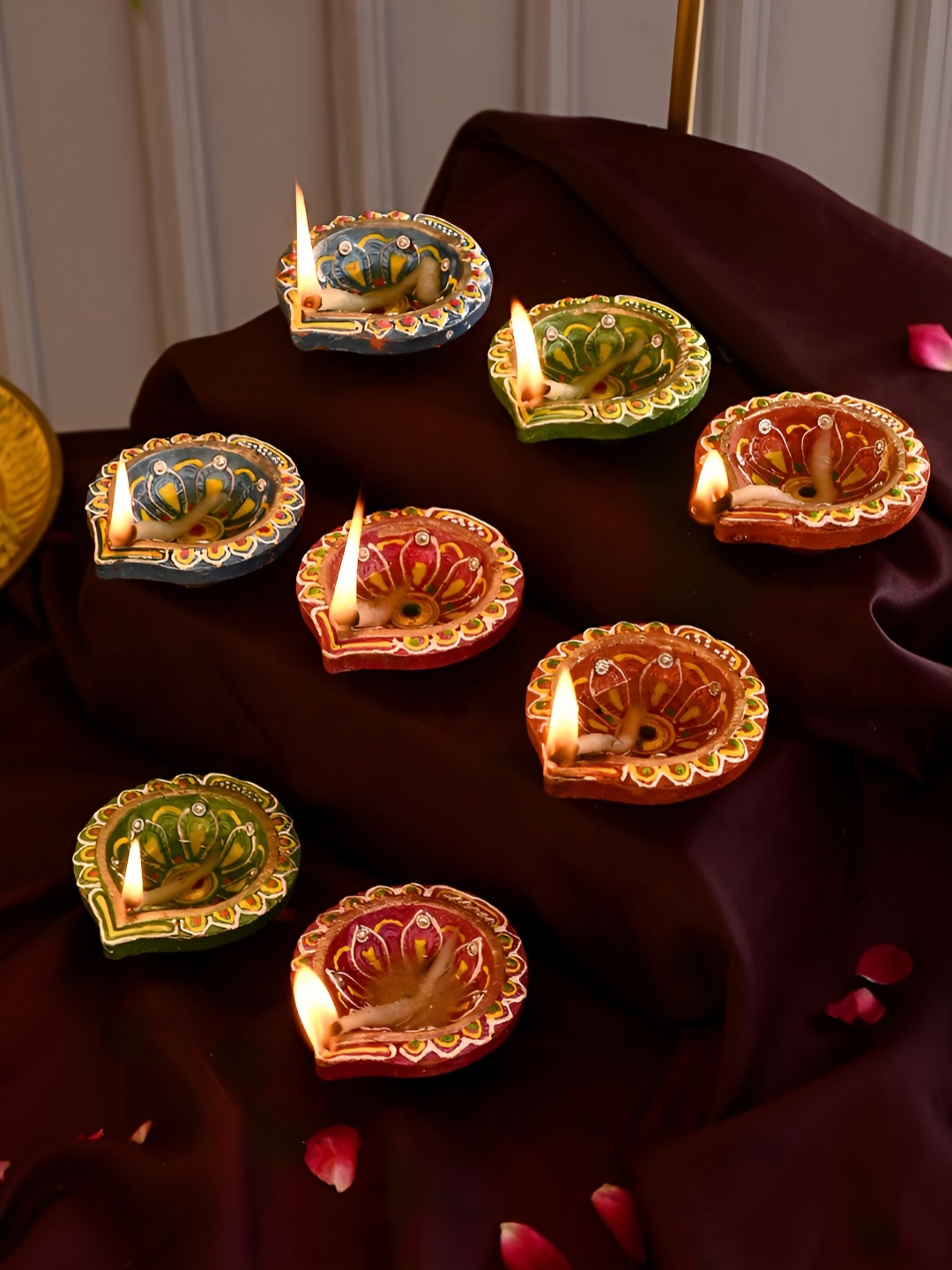 

Aura Green & Blue 8 Pieces Floral Printed Terracotta Diyas