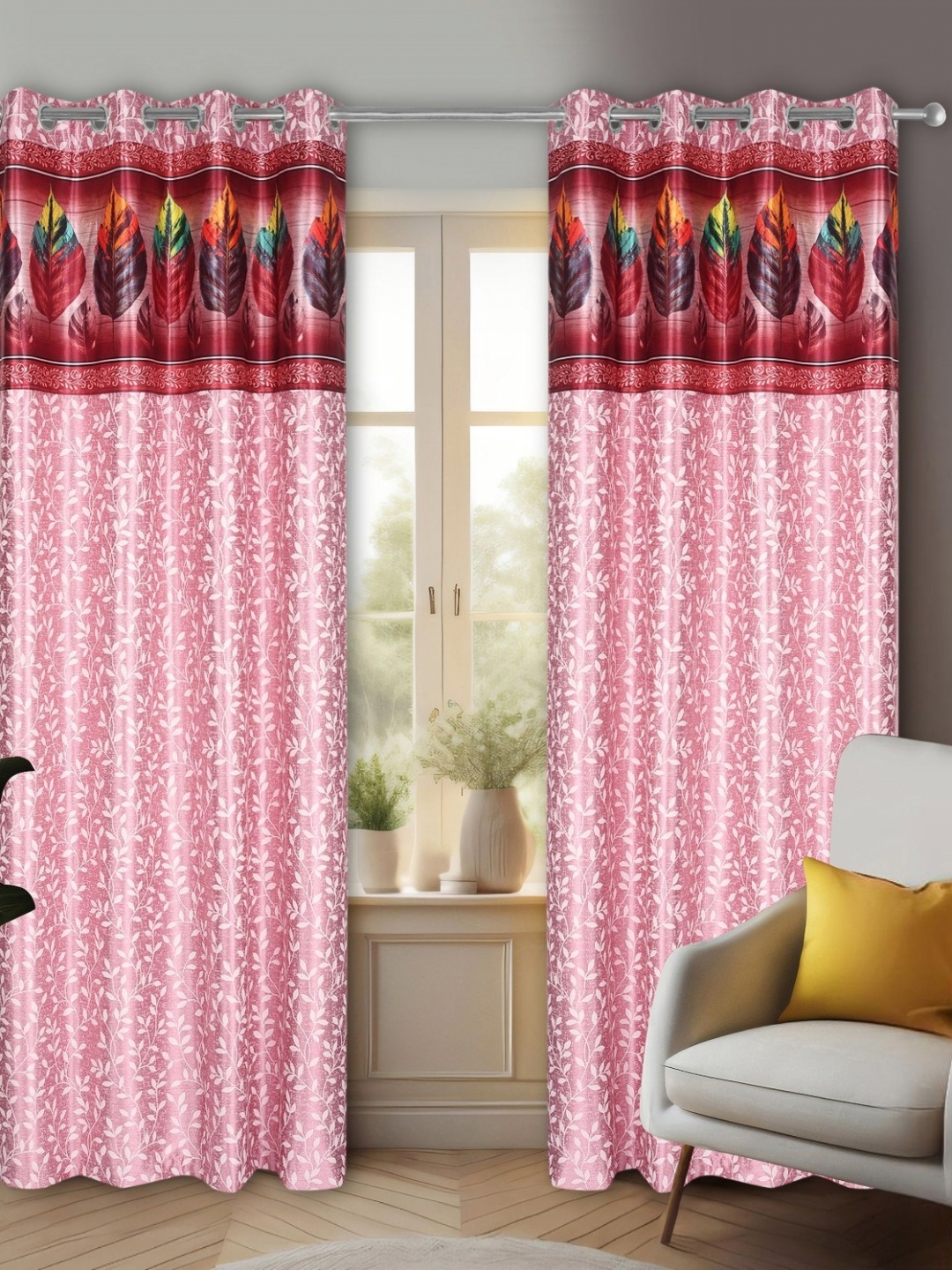 

REYANSH DECOR Pink & White 2 Pieces Floral Room Darkening Long Door Curtains