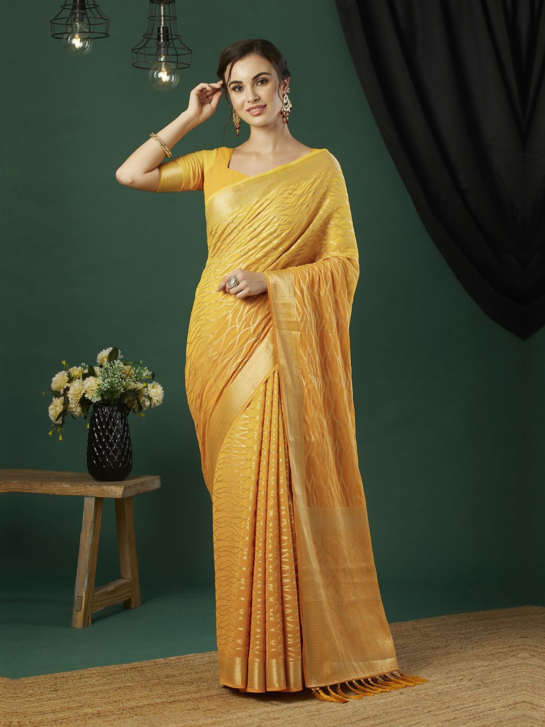 

HI FI NX Woven Design Pure Georgette Saree, Yellow