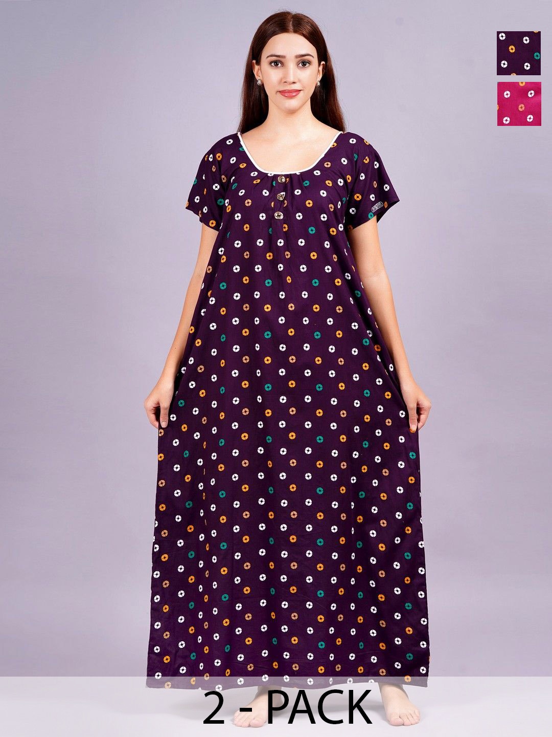 

Breezly Women Pack Of 2 Abstract Printed Maxi Nightdress, Purple