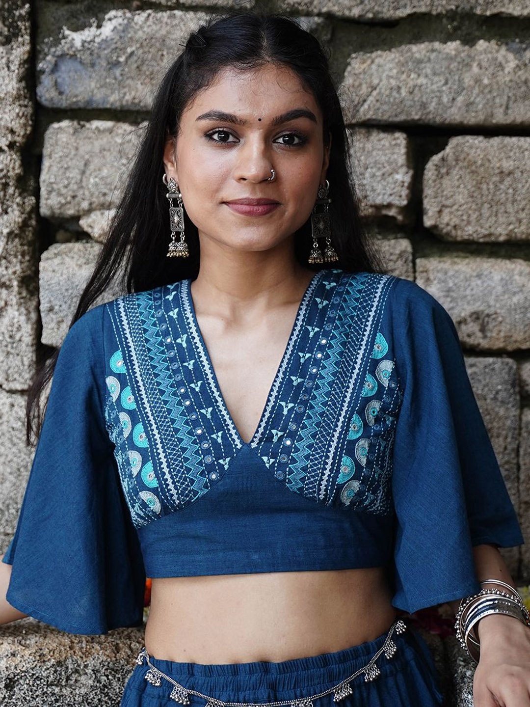 

OKHAI Embroidered Cotton Crop Top, Blue