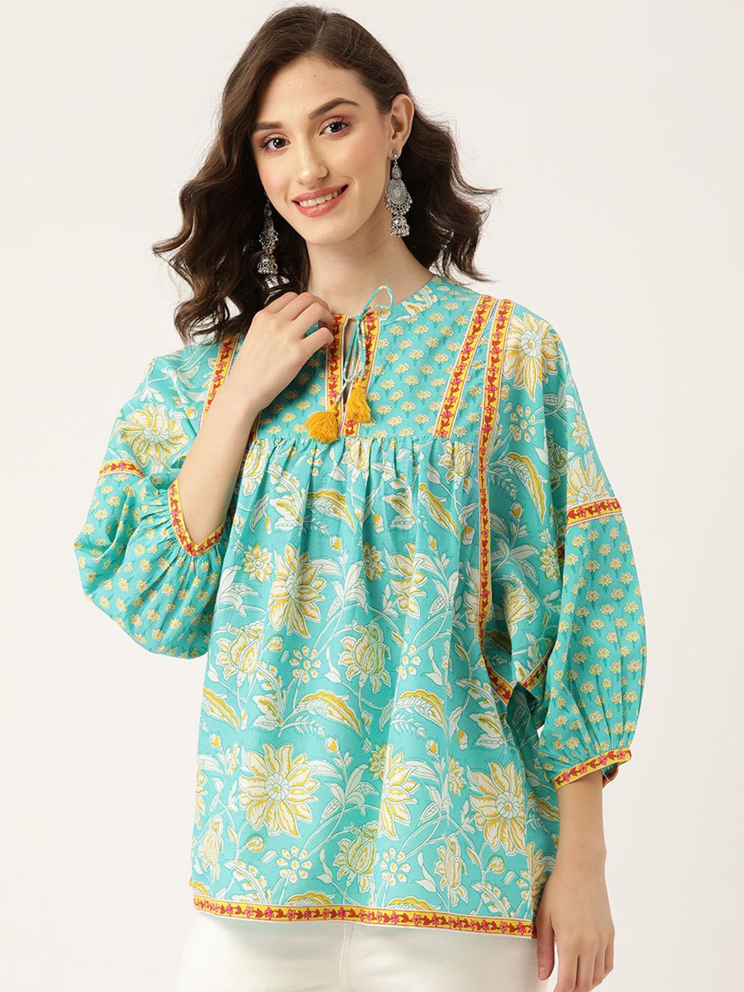 

Jaipur Morni Women Floral Printed Tie-Up Neck Pure Cotton Top, Turquoise blue