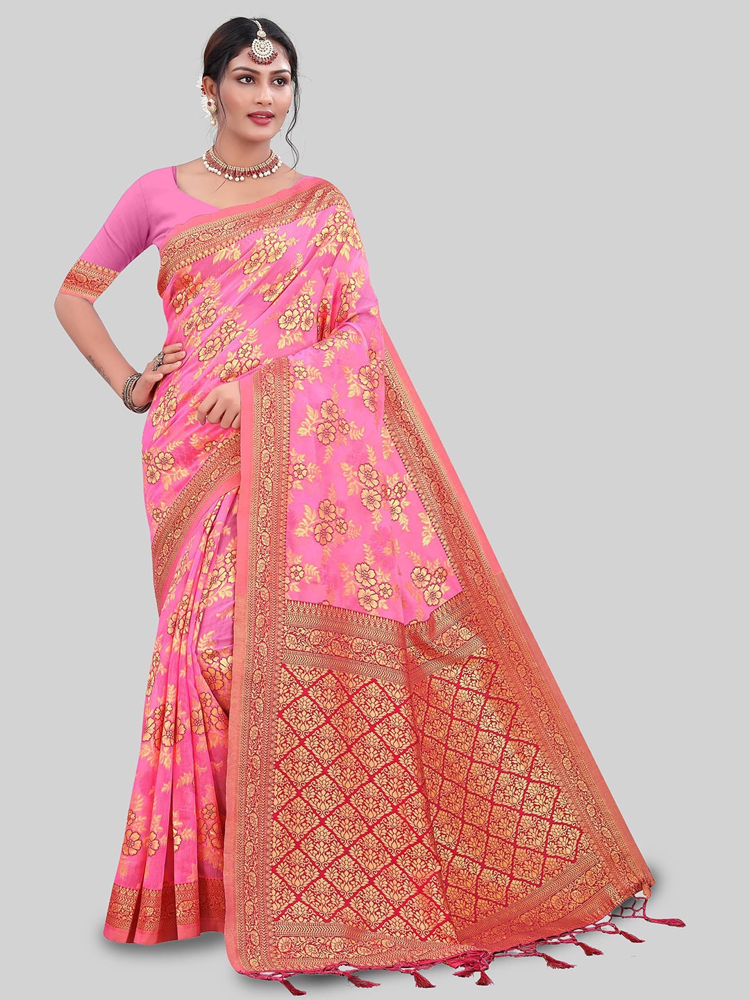 

Maroosh Women Woven Design Zari Saree, Pink