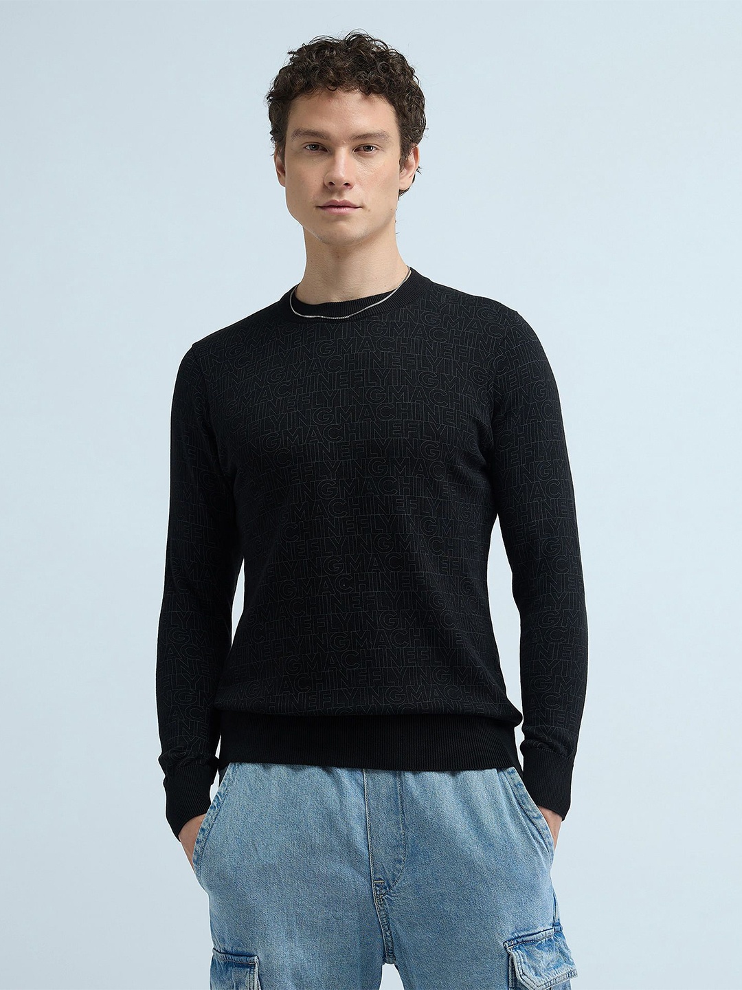 

Flying Machine Men Brand Logo Printed Pullover Ribbed Pure Cotton Sweater, Black