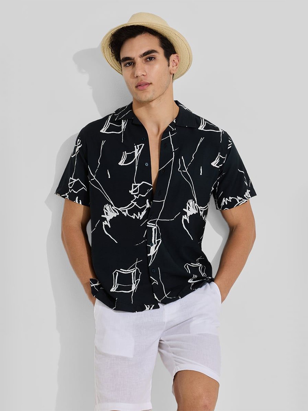 

Snitch Men Smart Cuban Collar Abstract Printed Casual Shirt, Black