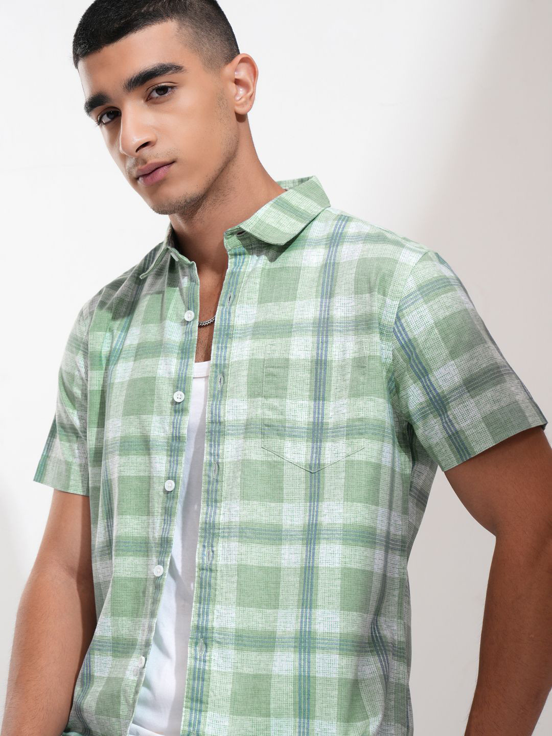 

Highlander Men Cotton Linen Printed Checked Casual Shirt, Green