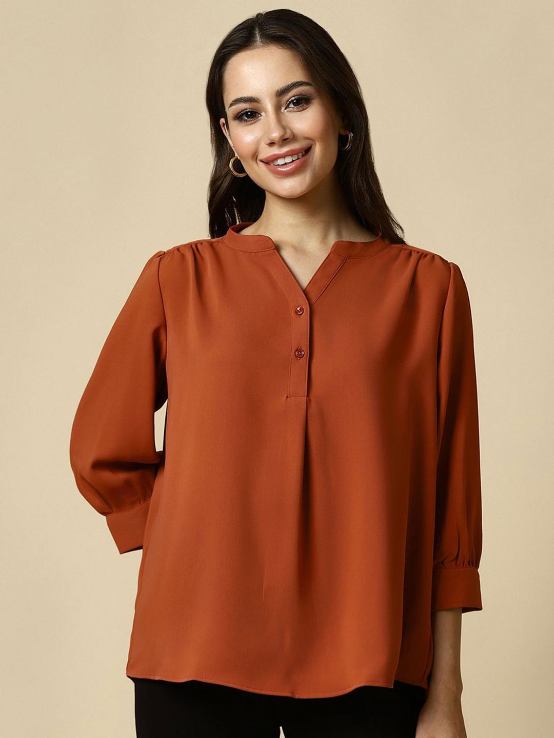 

Allen Solly Woman Mandarin Collar Puff Sleeve Top, Brown