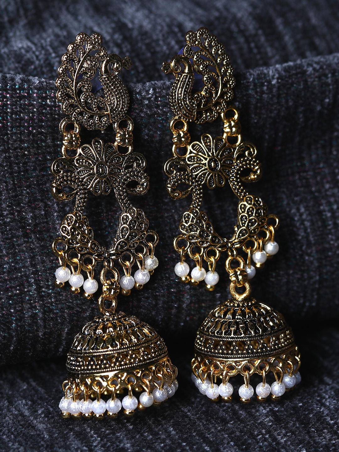 

ANIKAS CREATION Gold Plated Beaded Contemporary Drop Earrings