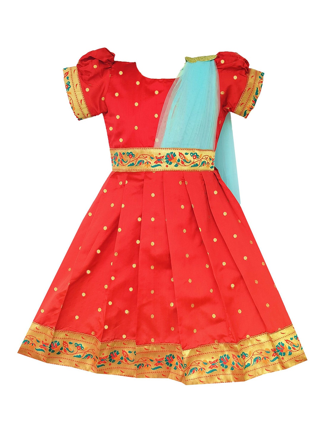 

BAESD Girls Silk Ethnic Embellished Paithani Half Saree Dress, Red