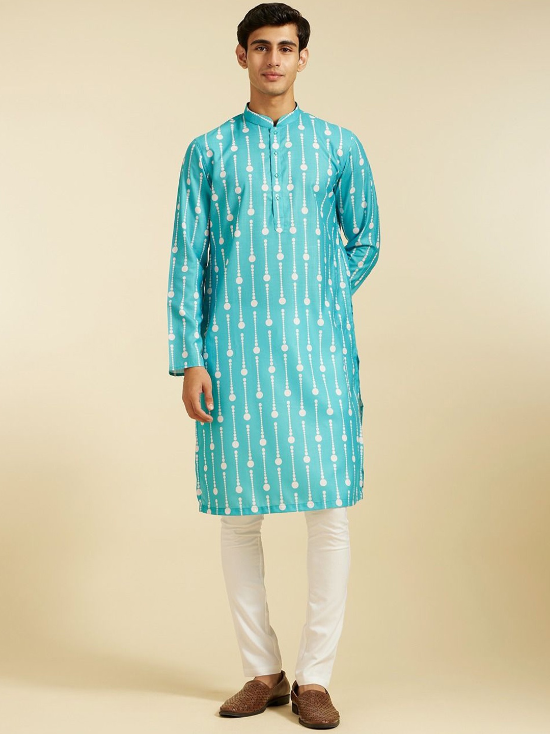 

Diwas by Manyavar Men Printed Mandarin Collar Cotton Straight Kurta, Blue