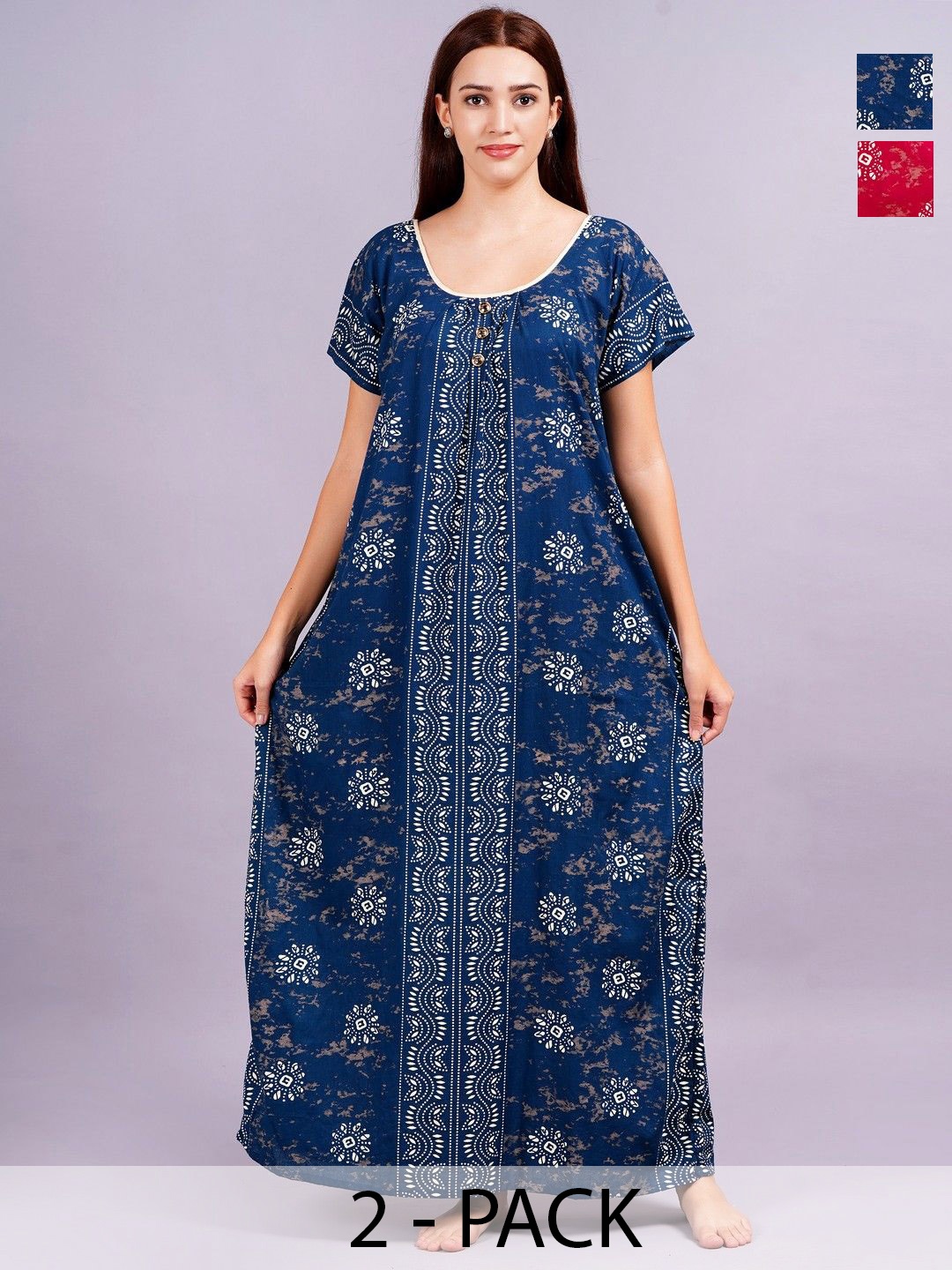 

Breezly Pack Of 2 Printed Pure Cotton Maxi Nightdress, Blue