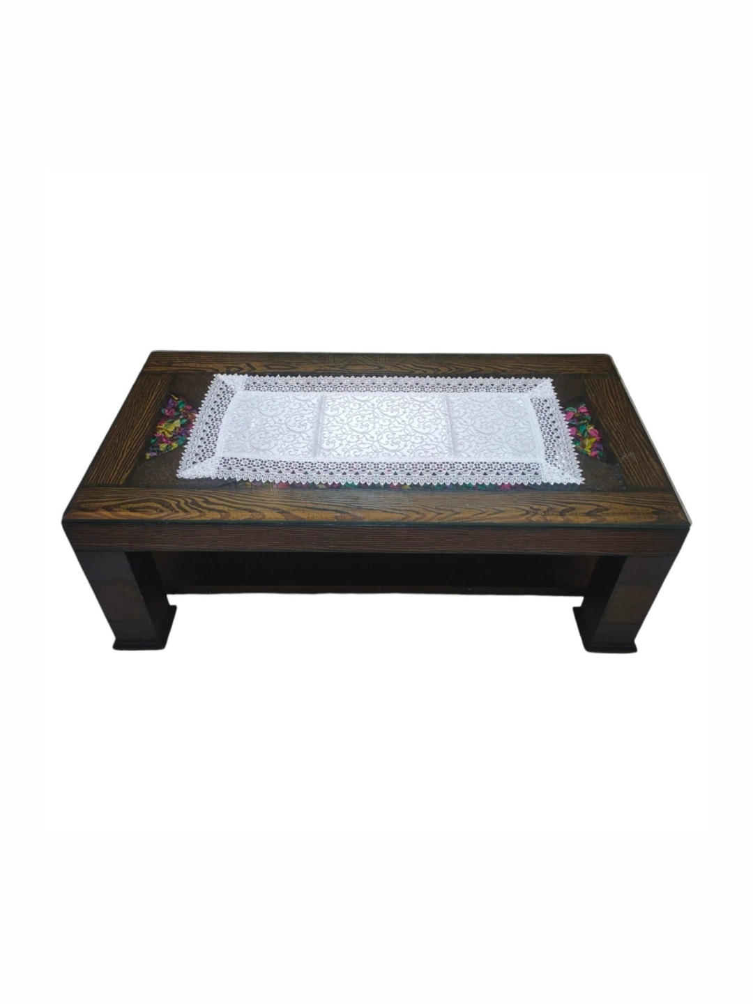 

TANLOOMS White Floral Self Design Lace Border Center Table Runner