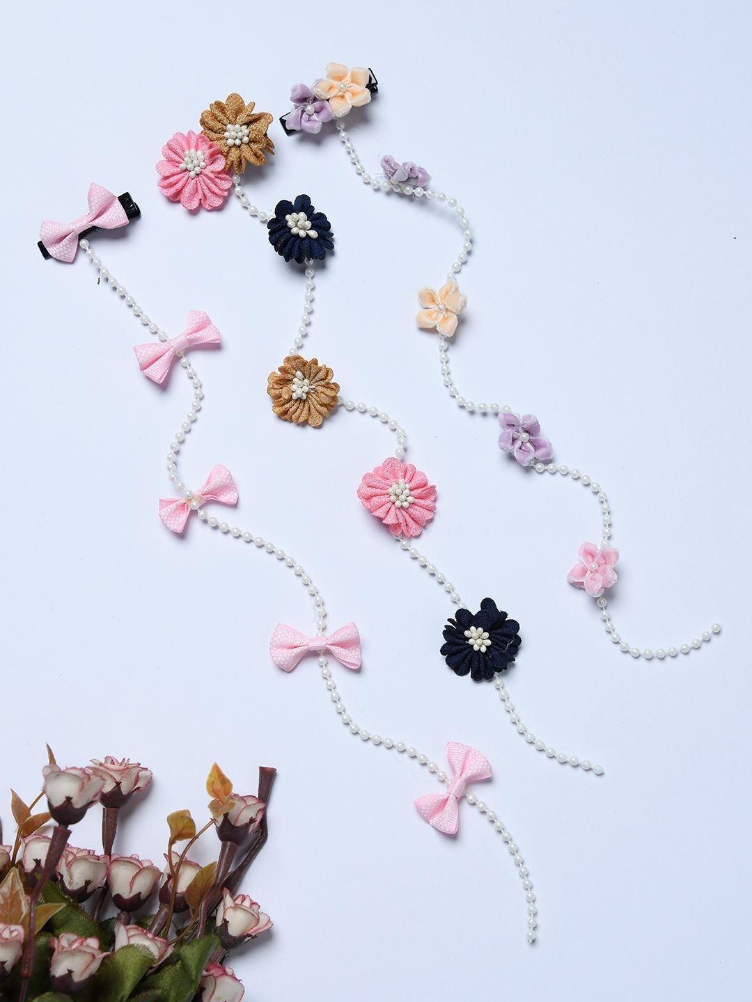 

FUNKRAFTS Girls Set of 3 Embellished Floral And Bows Beads Alligator Hair Clips, Pink