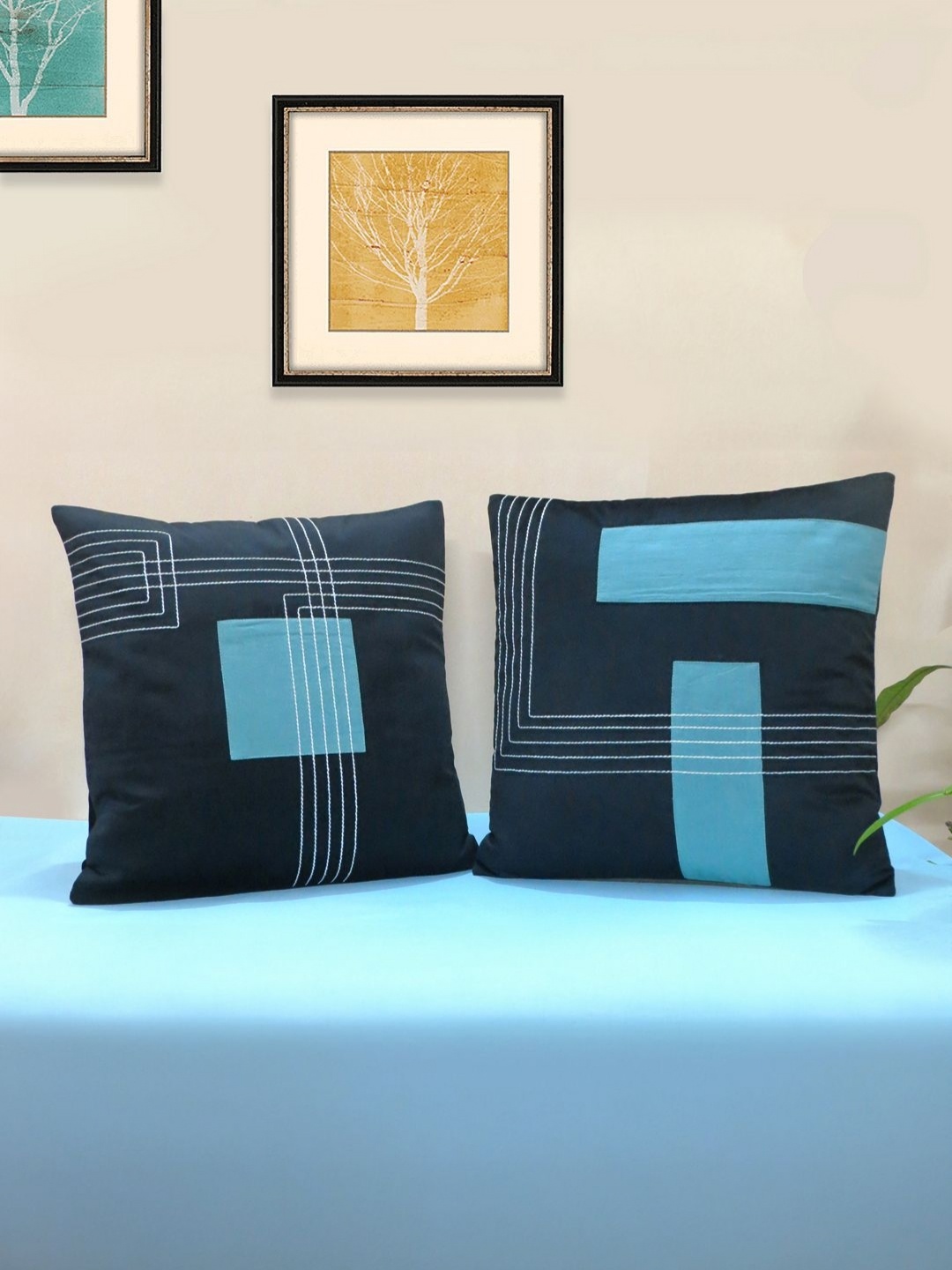 

Mid July Home Black & Blue 2 Pieces Geometric Velvet Square Cushion Covers