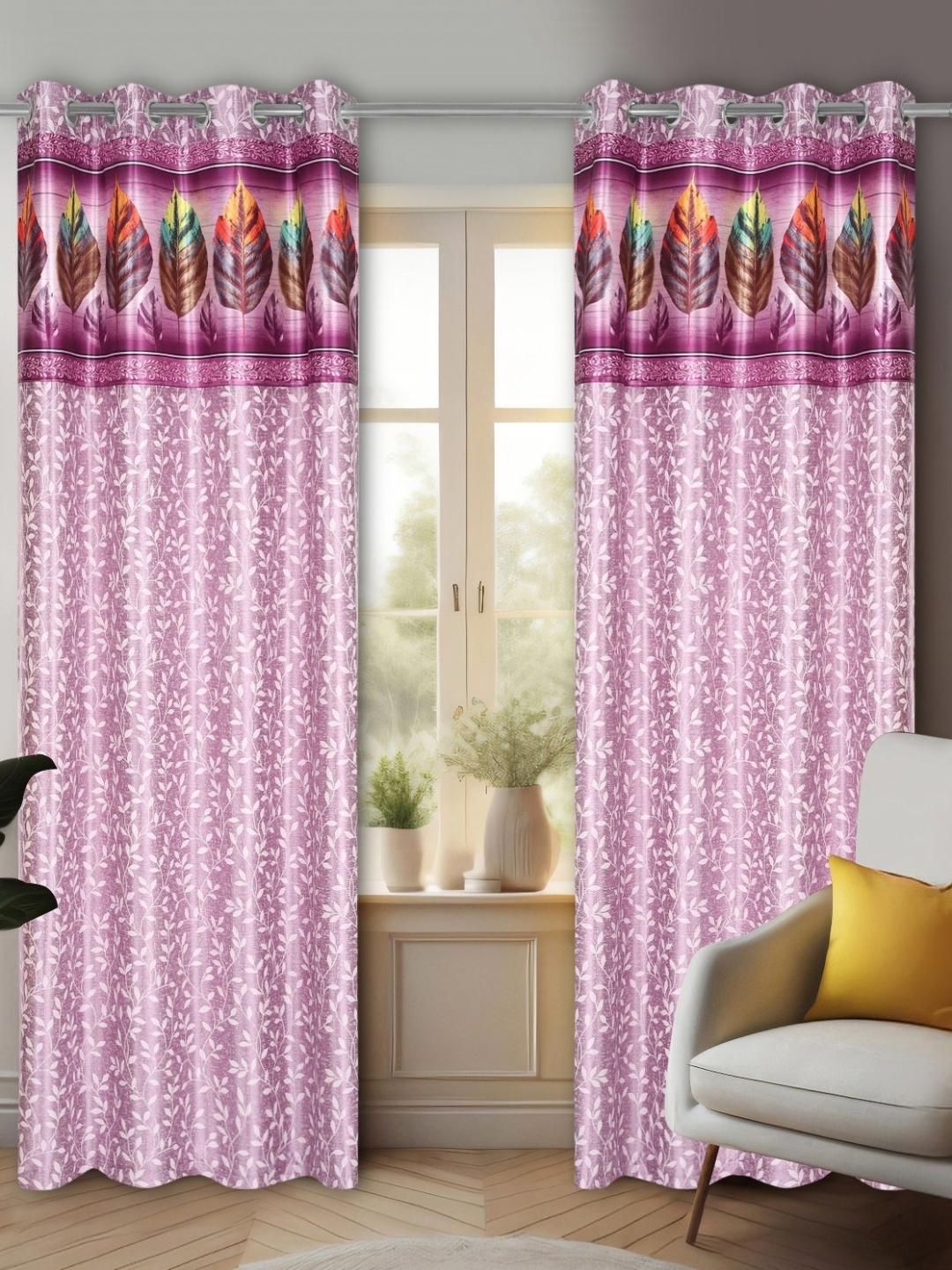 

REYANSH DECOR Purple & White 2 Pieces Floral Room Darkening Long Door Curtains